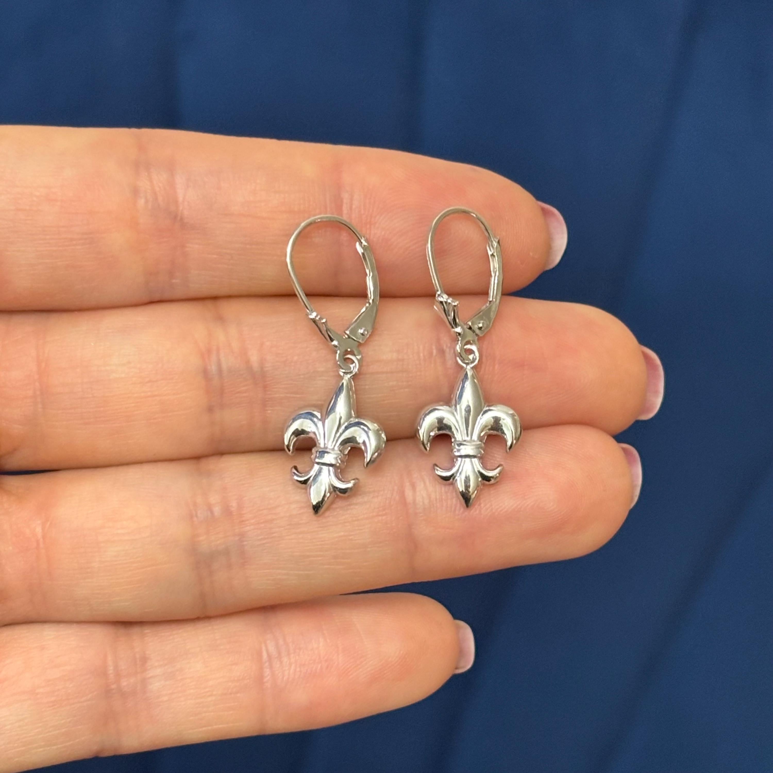 14K White Gold Fleur-de-Lis Dangle Earrings