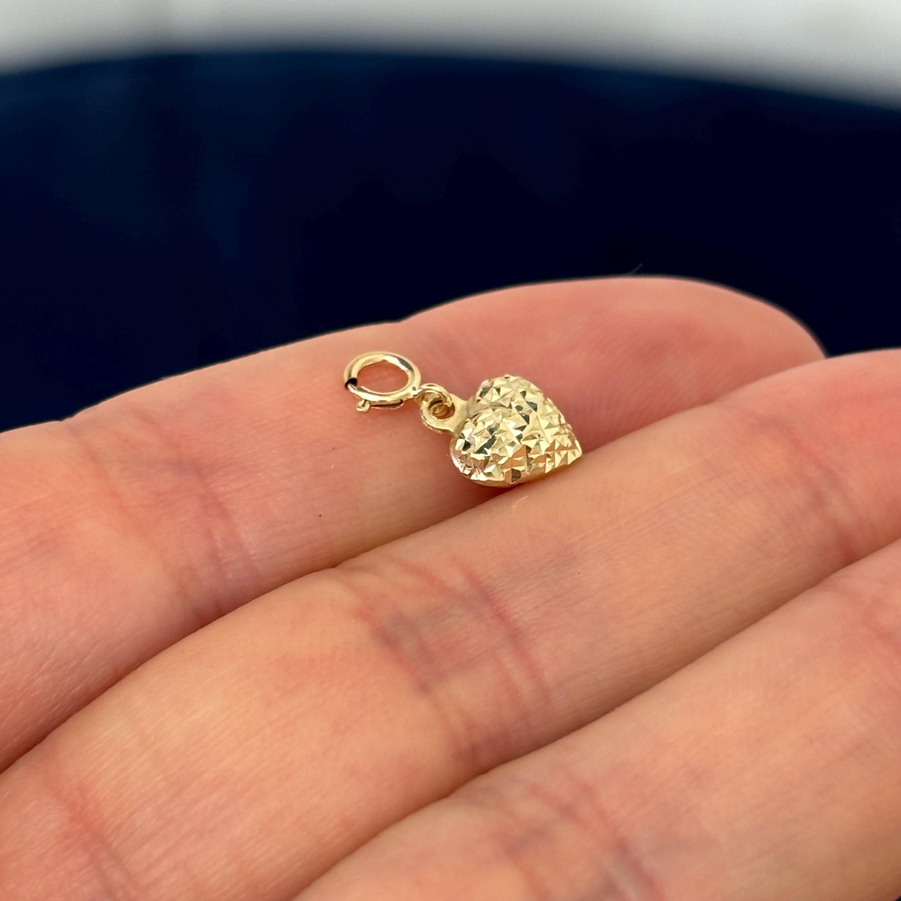 14K Gold Diamond-cut Heart Charm Pendant with Spring Ring Clasp