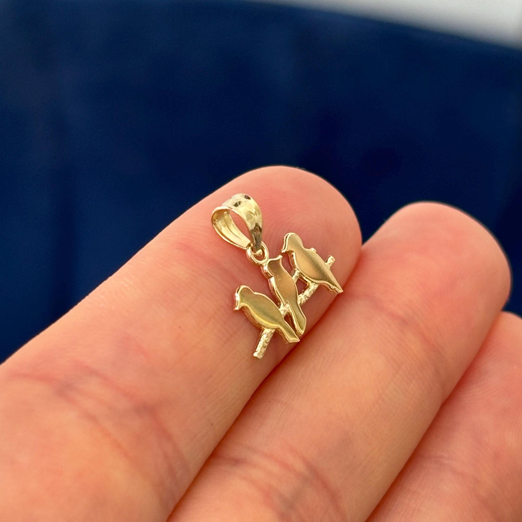14K Yellow Gold Three Birds on a Branch Charm Pendant