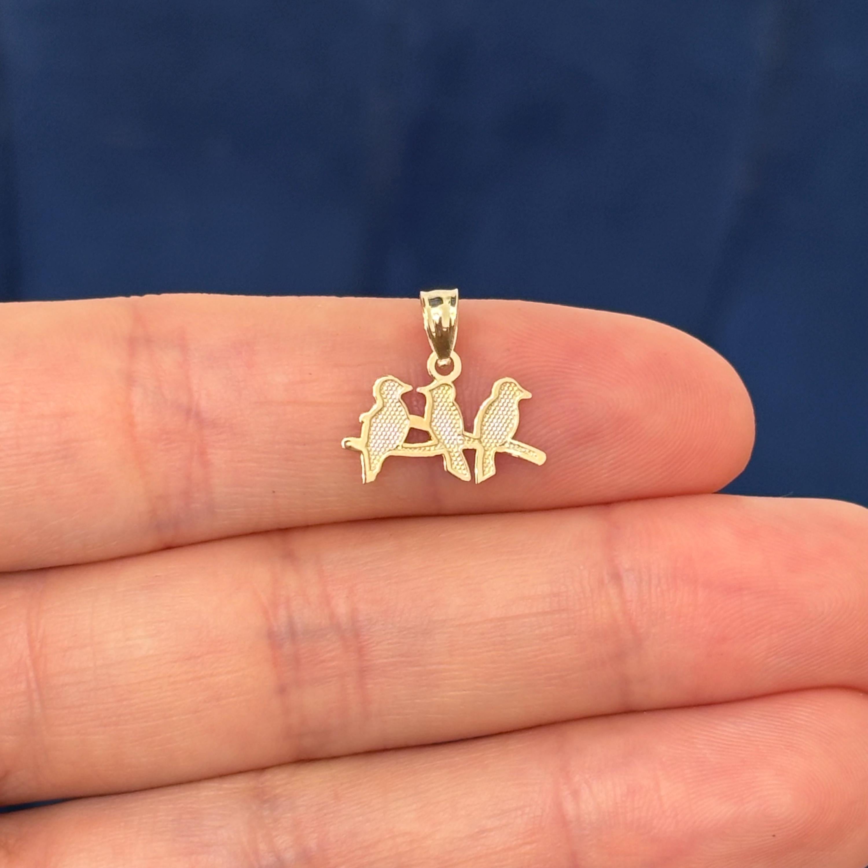 14K Yellow Gold Three Birds on a Branch Charm Pendant