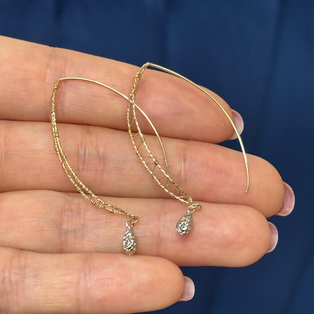14k Two-tone Wire Wrapped Diamond-cut Wire Dangle Earrings
