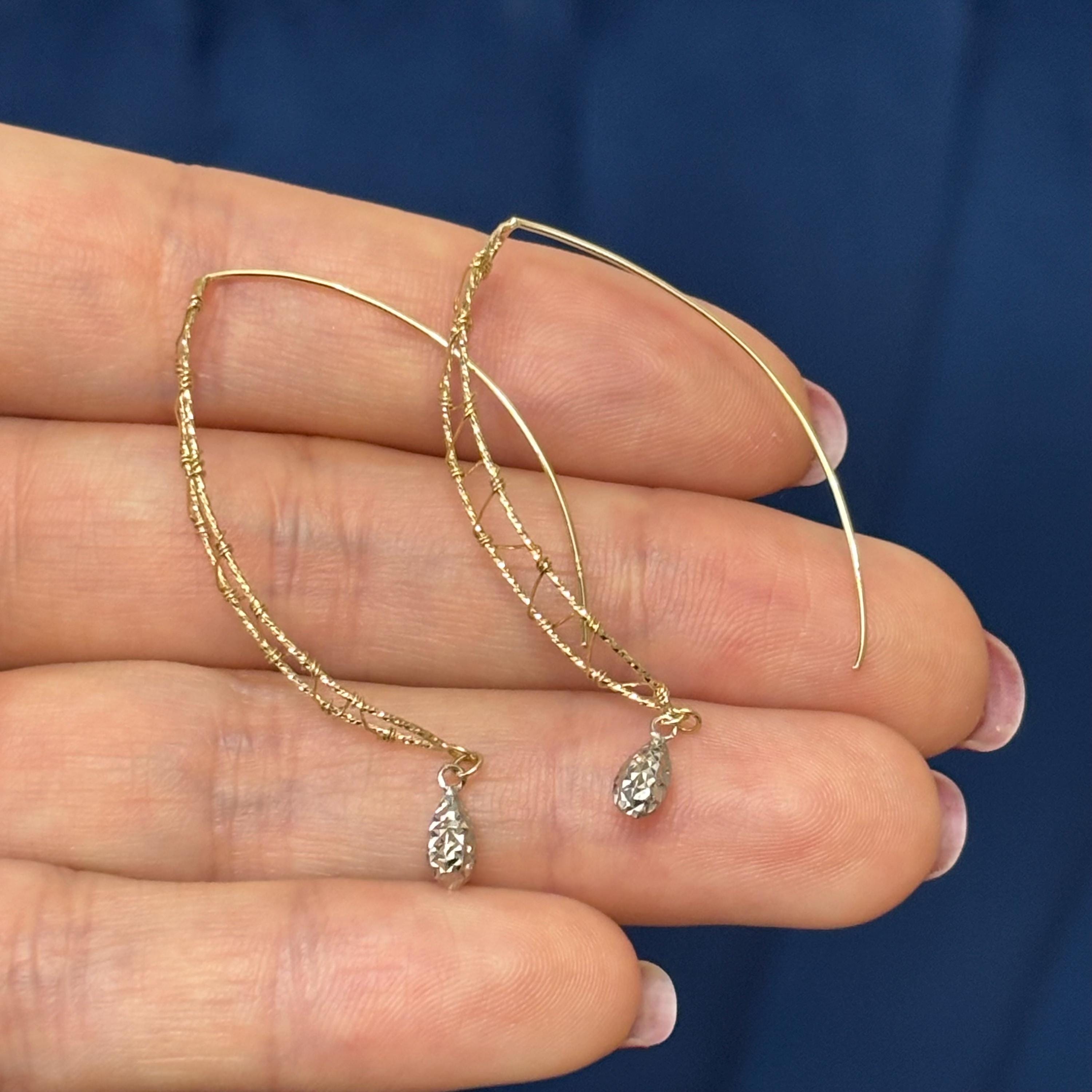 14k Two-tone Wire Wrapped Diamond-cut Wire Dangle Earrings