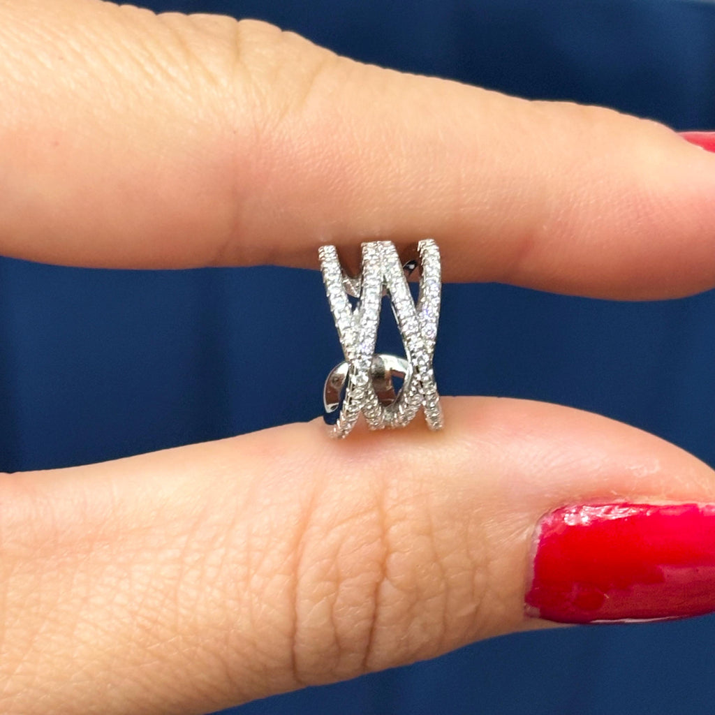Sterling Silver and CZ Cubic Zirconia Double “X” Non-pierced Single Cuff Earring
