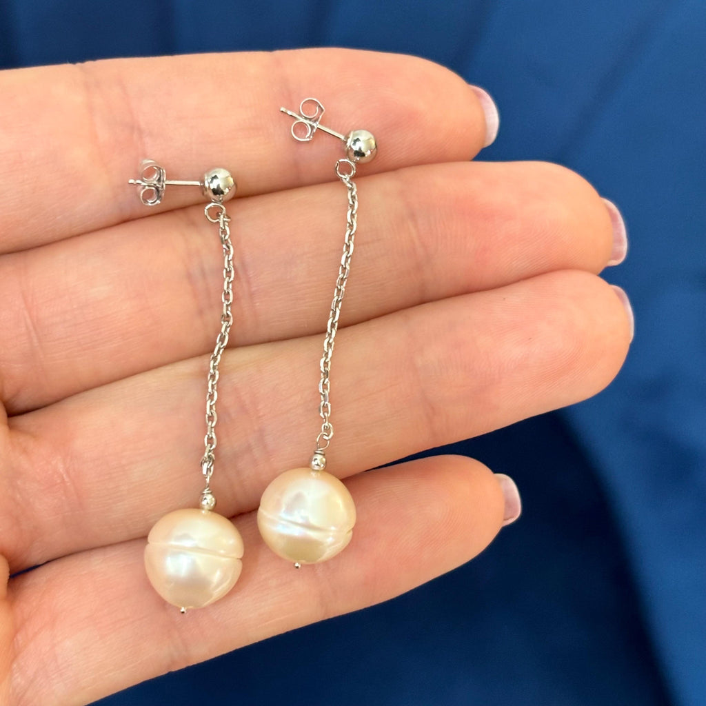 14k White Gold Pink Cultured Pearl Chain Dangle Earrings