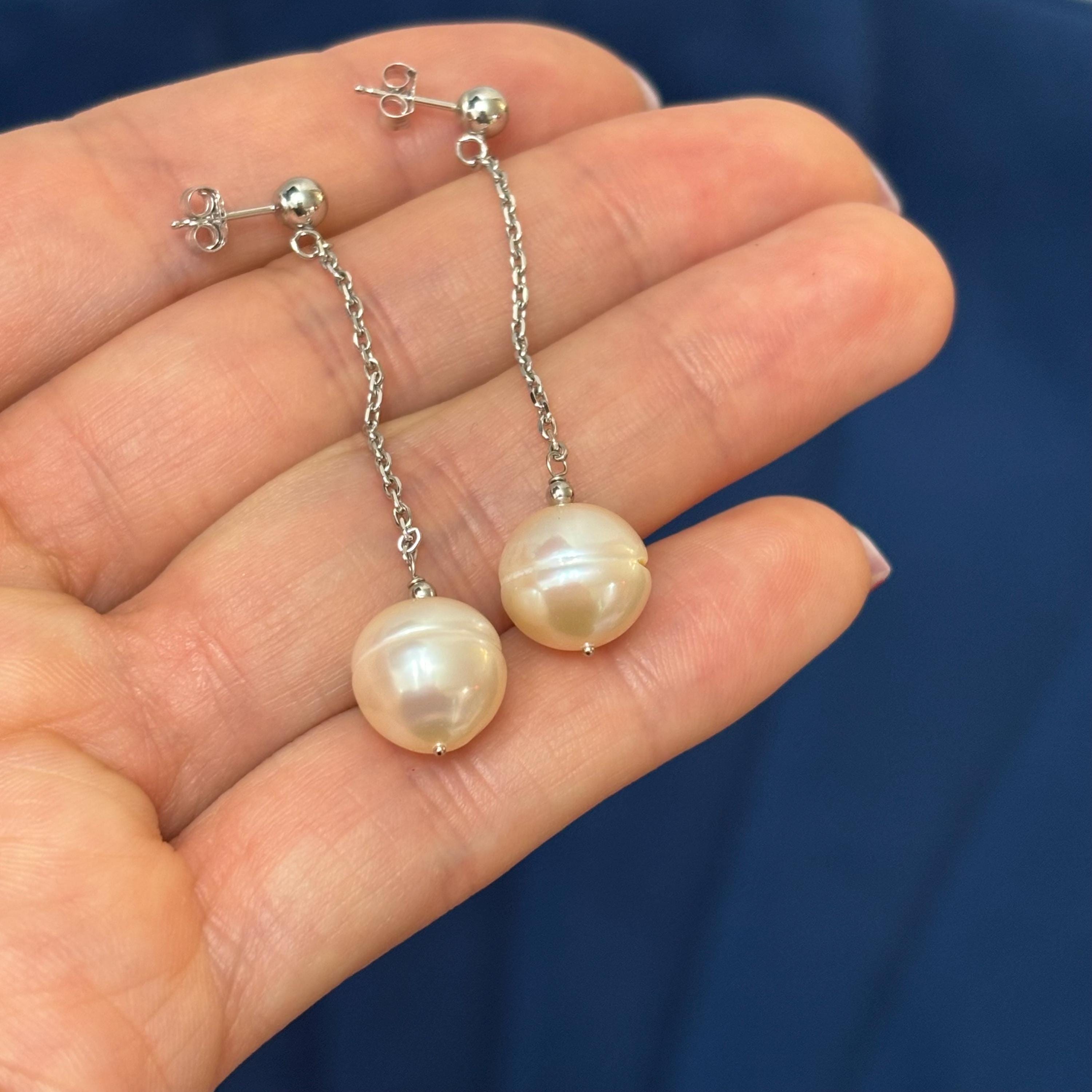 14k White Gold Pink Cultured Pearl Chain Dangle Earrings