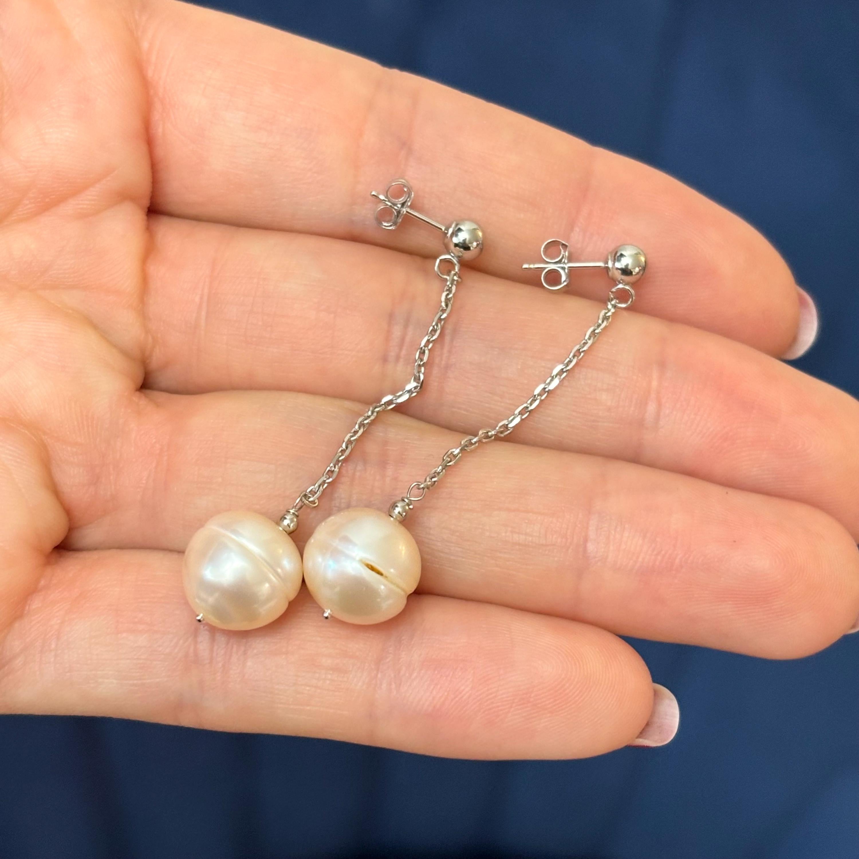 14k White Gold Pink Cultured Pearl Chain Dangle Earrings