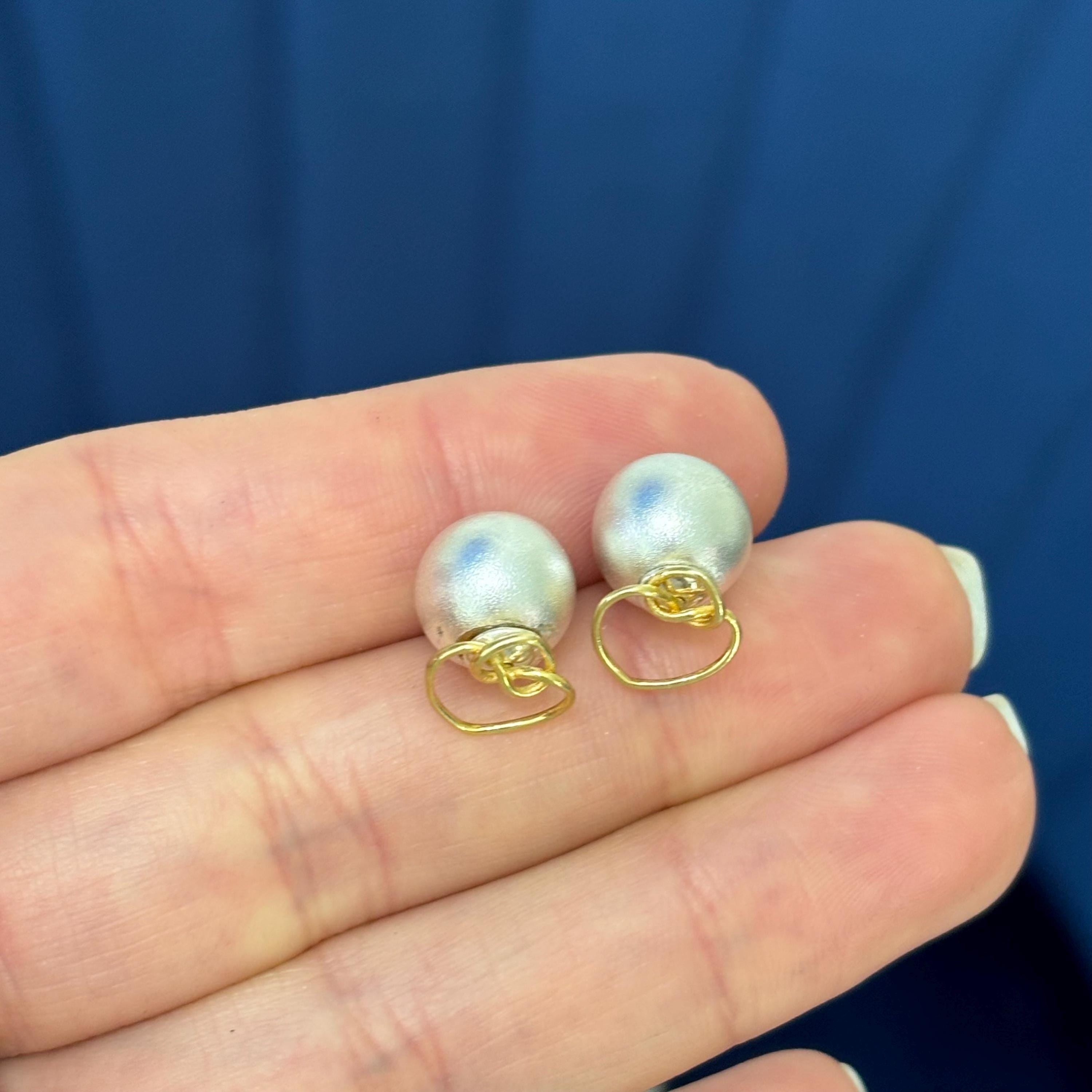Sterling Silver and Gold-tone Knotted Hearts Front and Ball Back Post Earrings