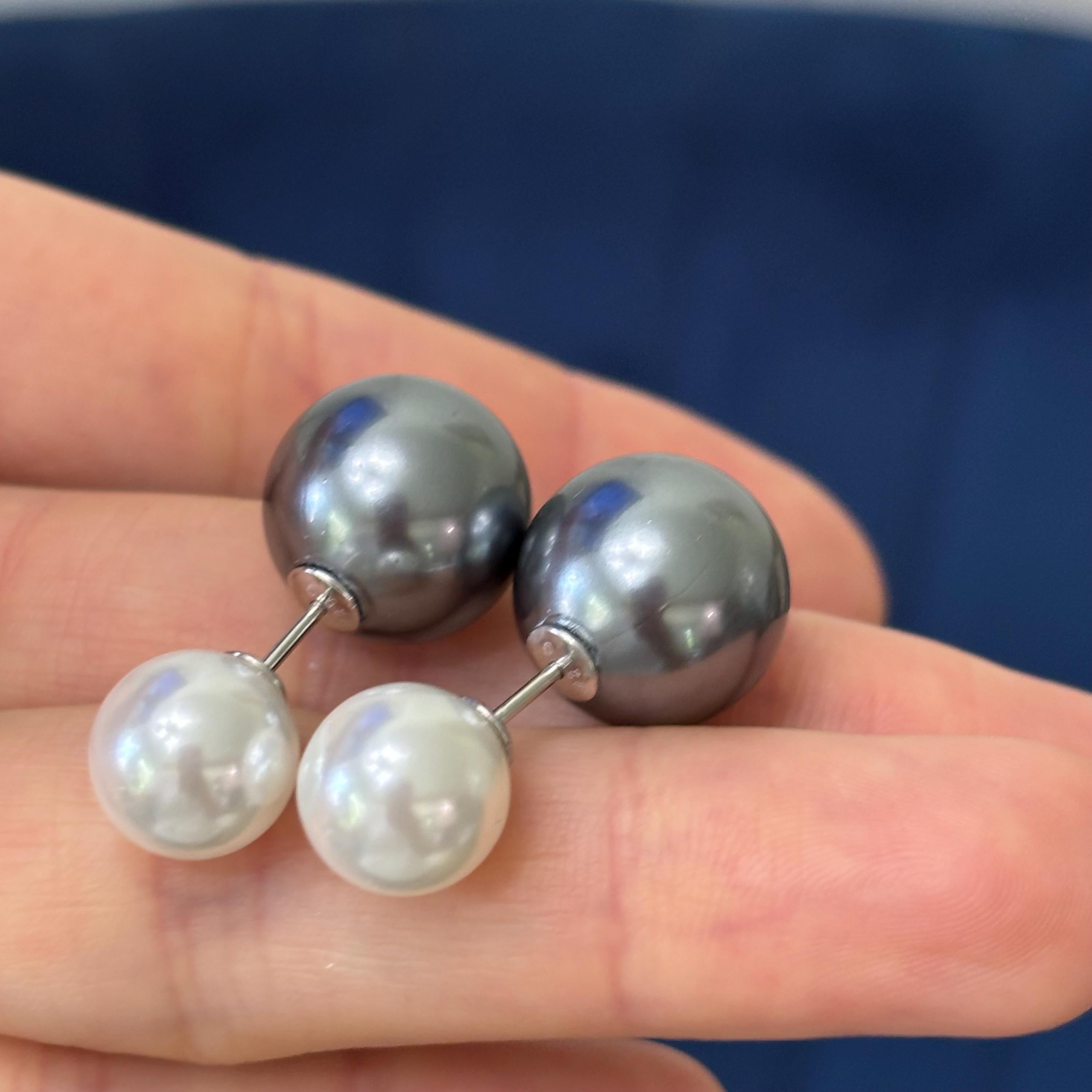 Sterling Silver Grey and White Imitation Shell Pearl Front Back Post Earrings