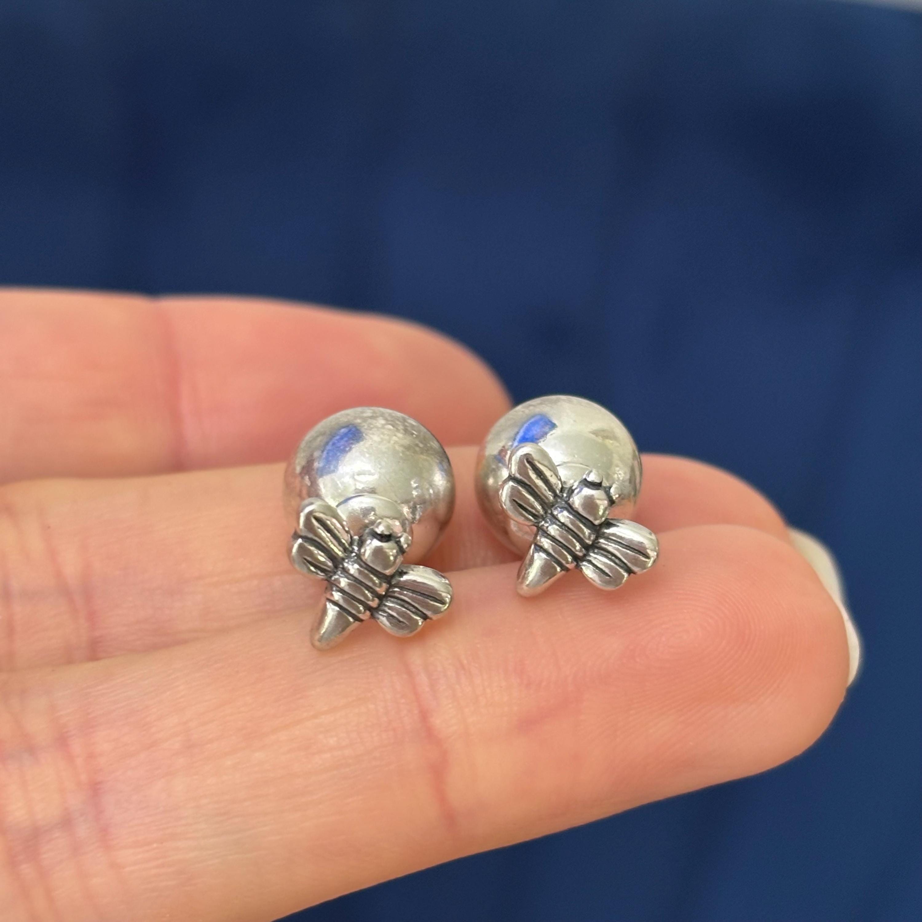 Sterling Silver Antiqued and Polished Dragonfly Front Back Ball Post Earrings