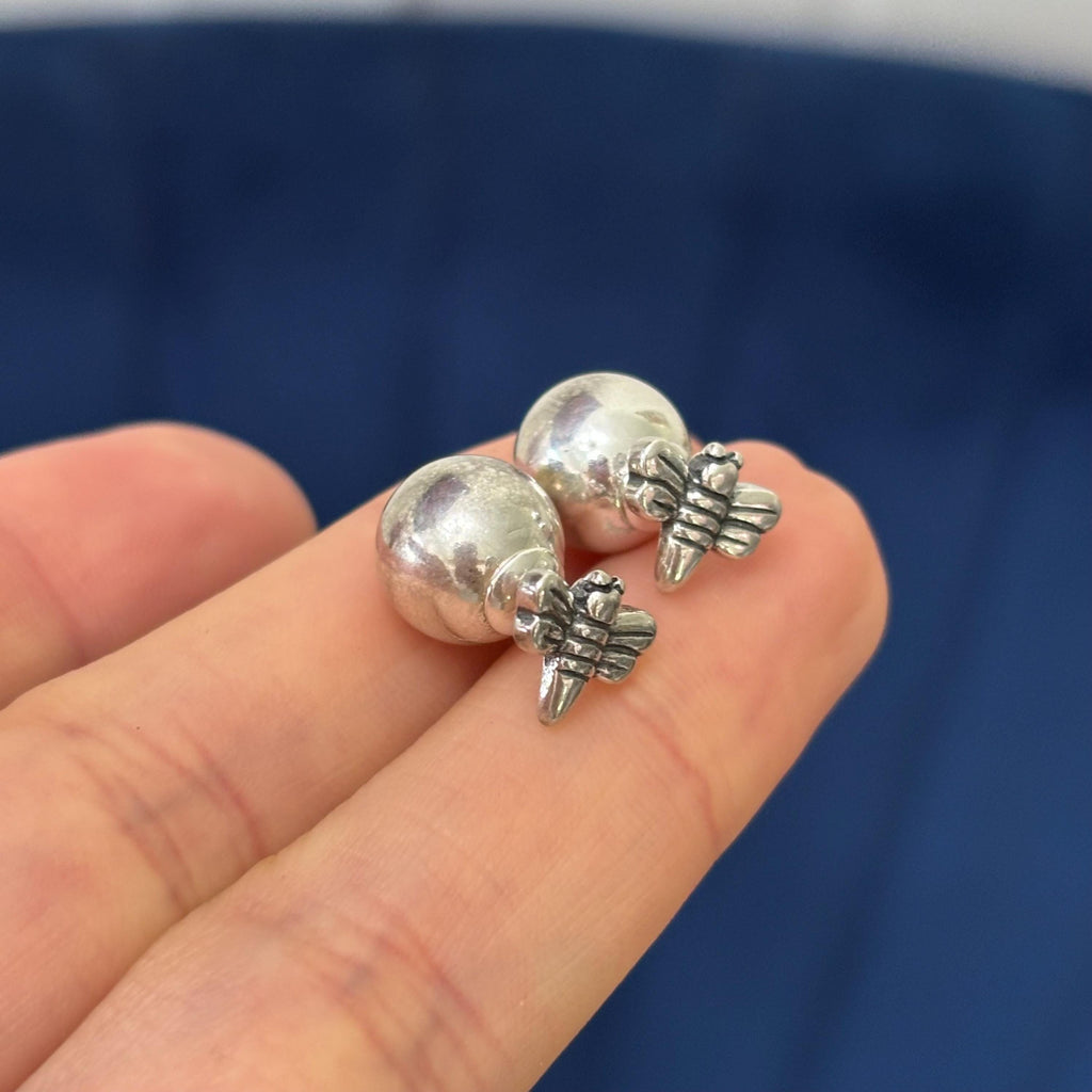 Sterling Silver Antiqued and Polished Dragonfly Front Back Ball Post Earrings