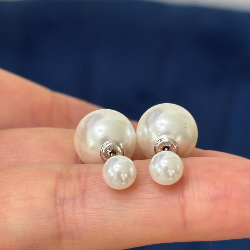 Sterling Silver White Faux Pearl Front Back Post Earrings