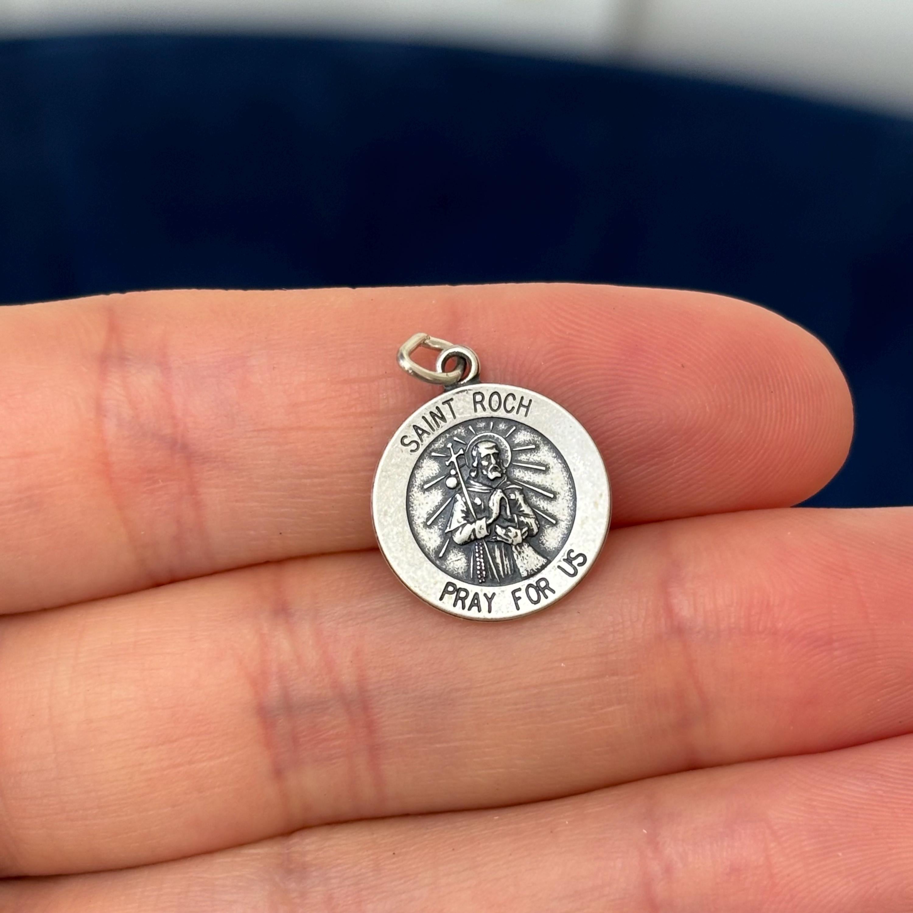 Sterling Silver Antiqued St Roch Round Medal Pendant
