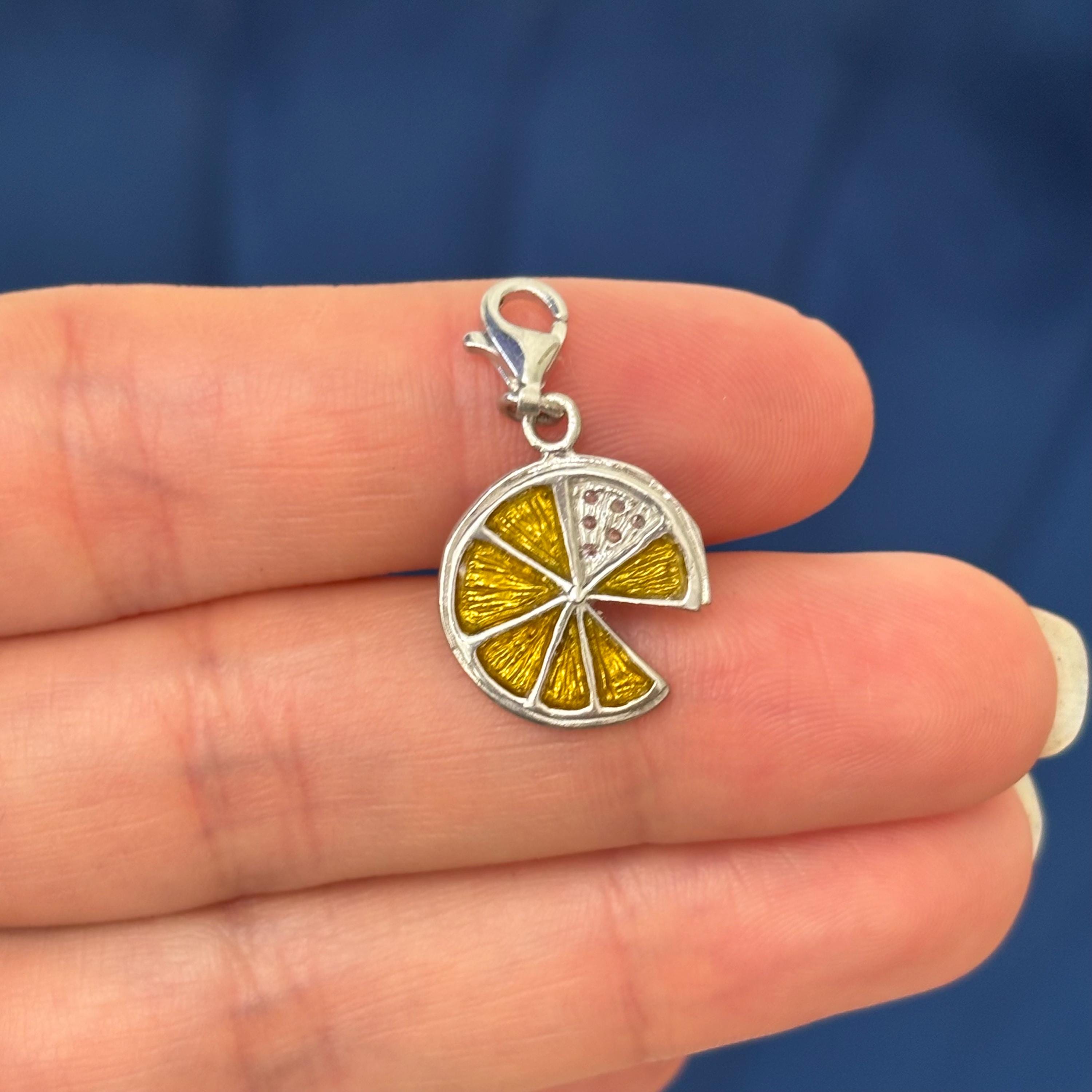 Sterling Silver Yellow Enameled Lemon Slice Charm Pendant with Fancy Lobster Clasp