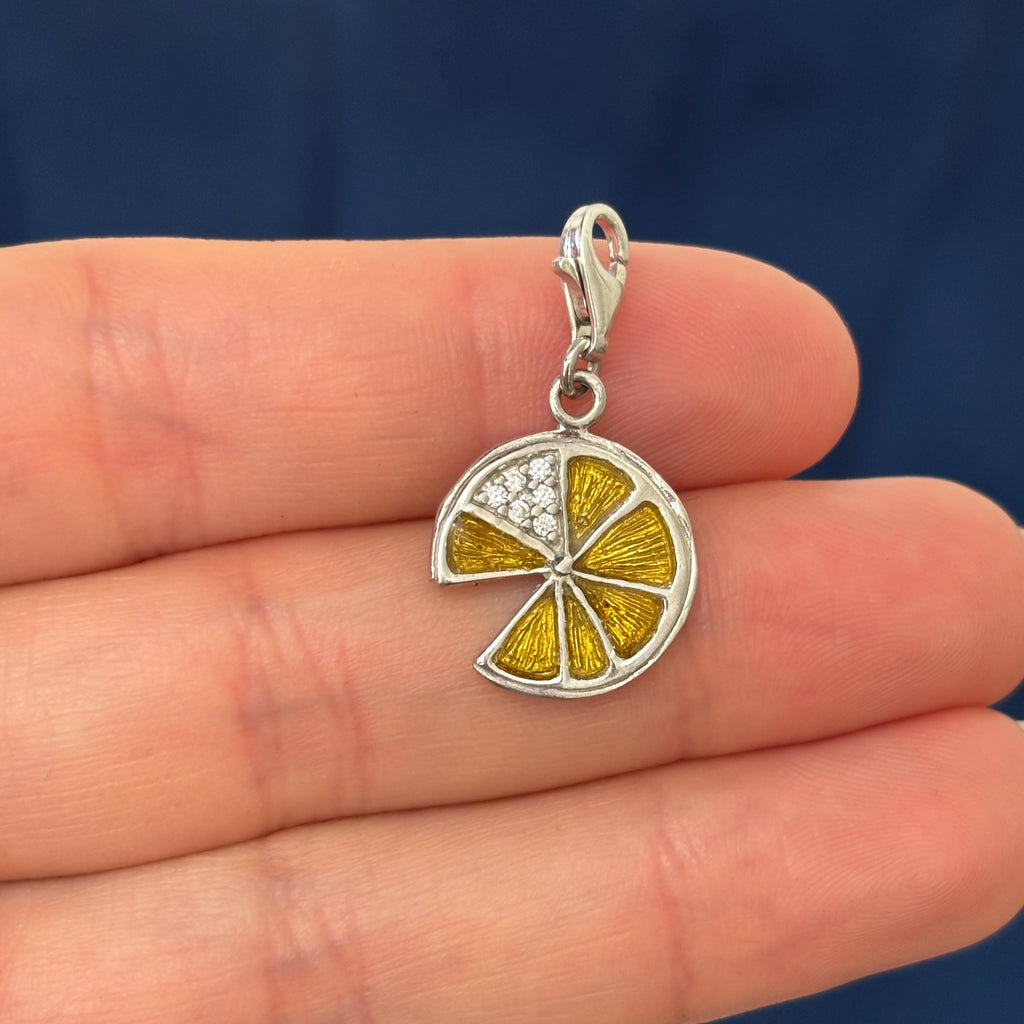 Sterling Silver Yellow Enameled Lemon Slice Charm Pendant with Fancy Lobster Clasp