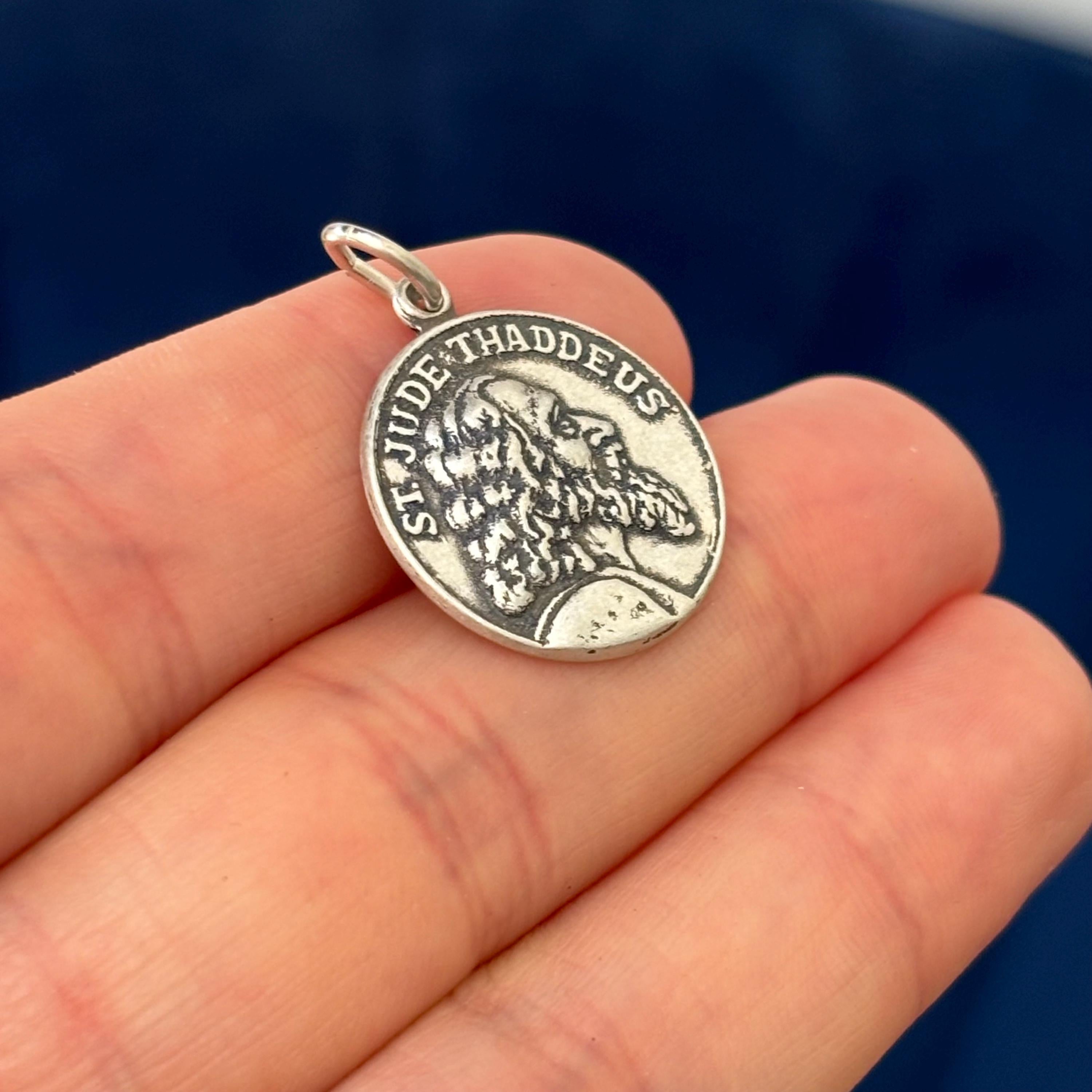 Sterling Silver Antiqued St Jude Thaddeus Round Medal Pendant