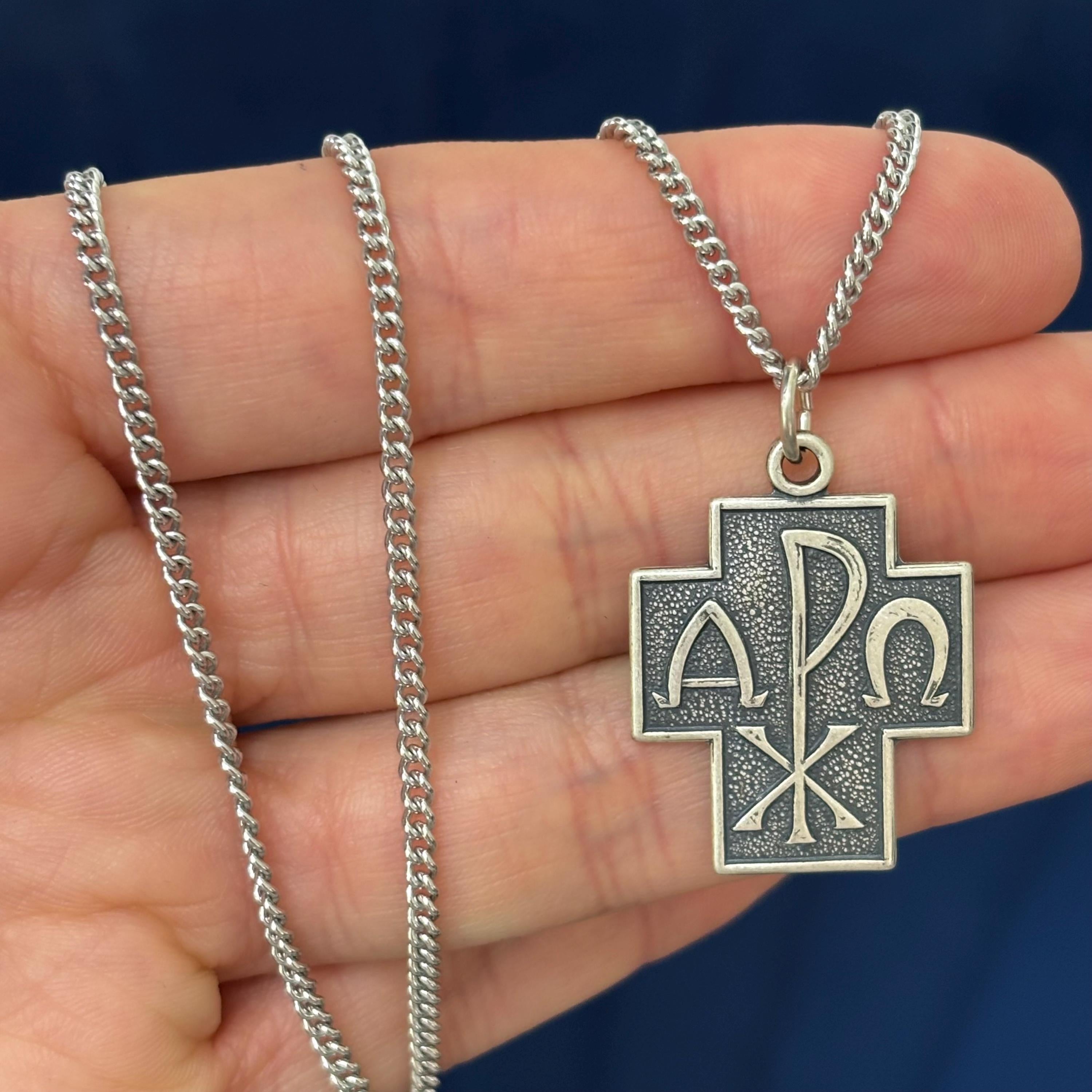 Sterling Silver Alpha Omega Chi Rho Cross Pendant Necklace