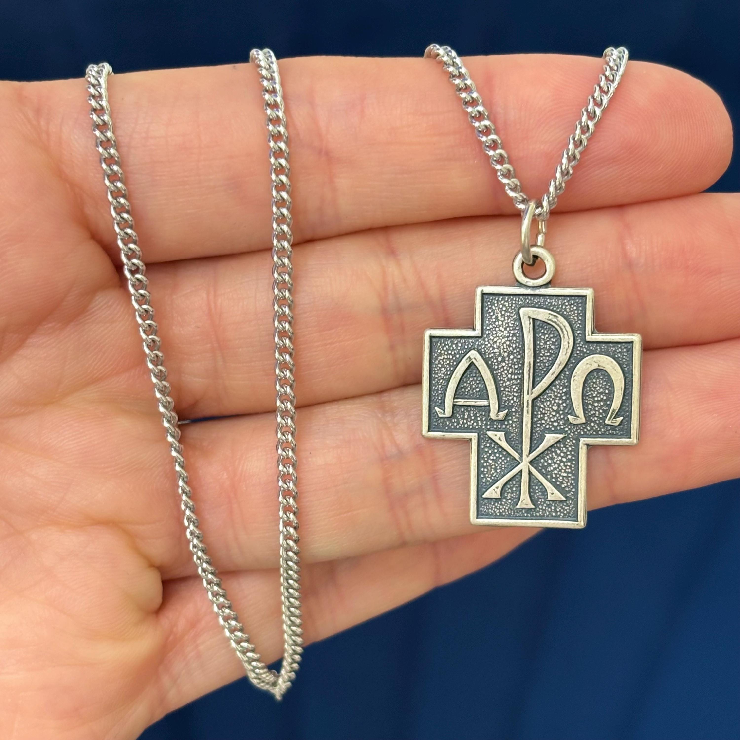 Sterling Silver Alpha Omega Chi Rho Cross Pendant Necklace