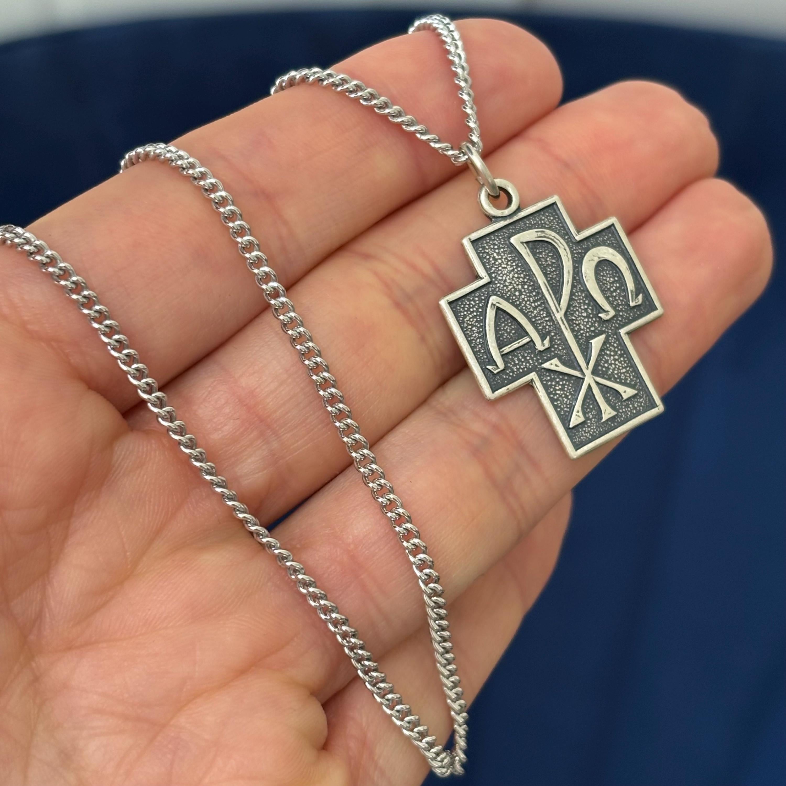Sterling Silver Alpha Omega Chi Rho Cross Pendant Necklace