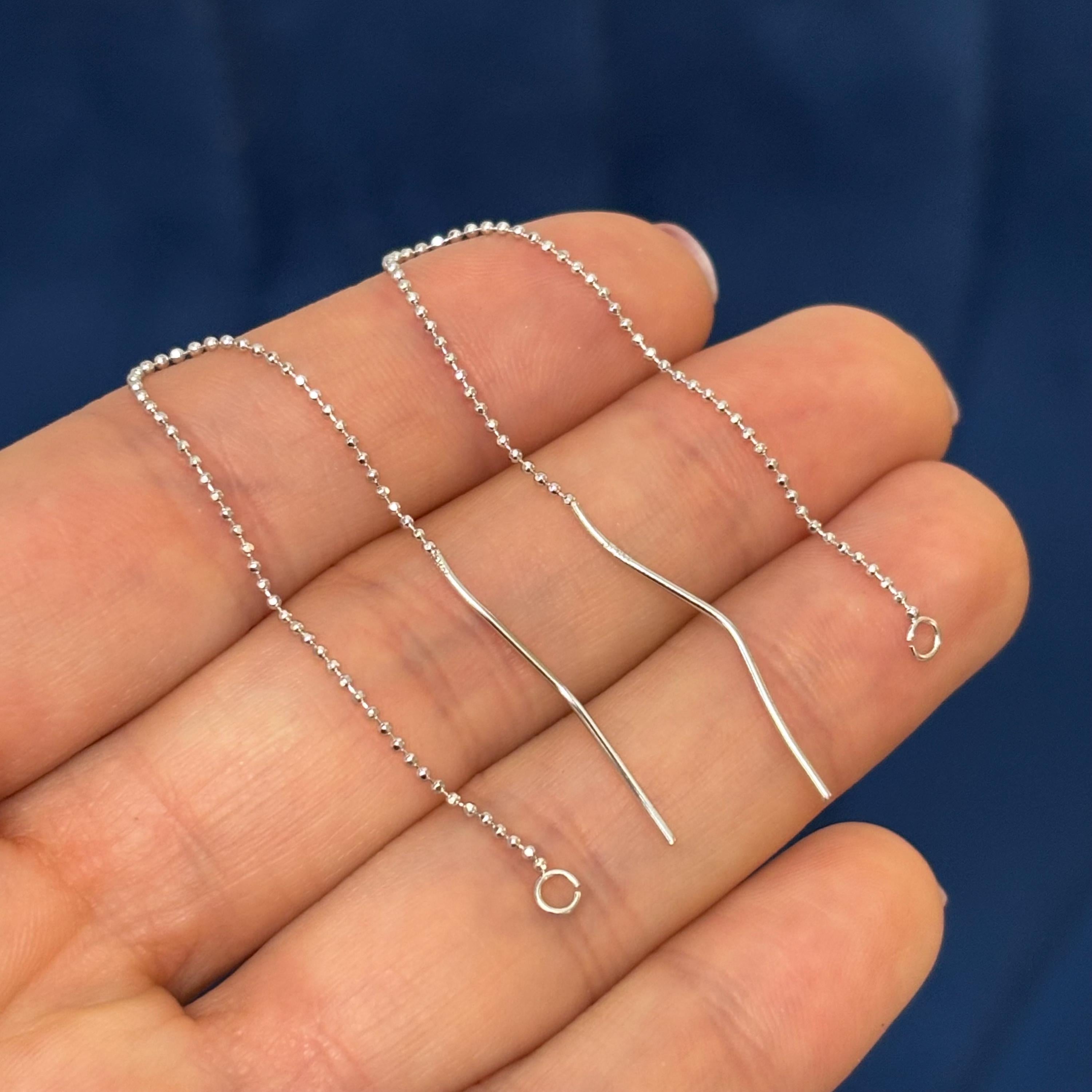 14k White Gold Pair of Threader Earring Wire Components with Ring