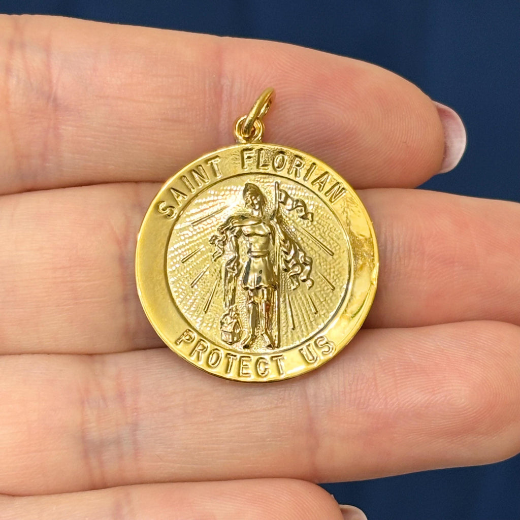 Sterling Silver 24k Gold-plated St Florian Round Medal Charm Pendant