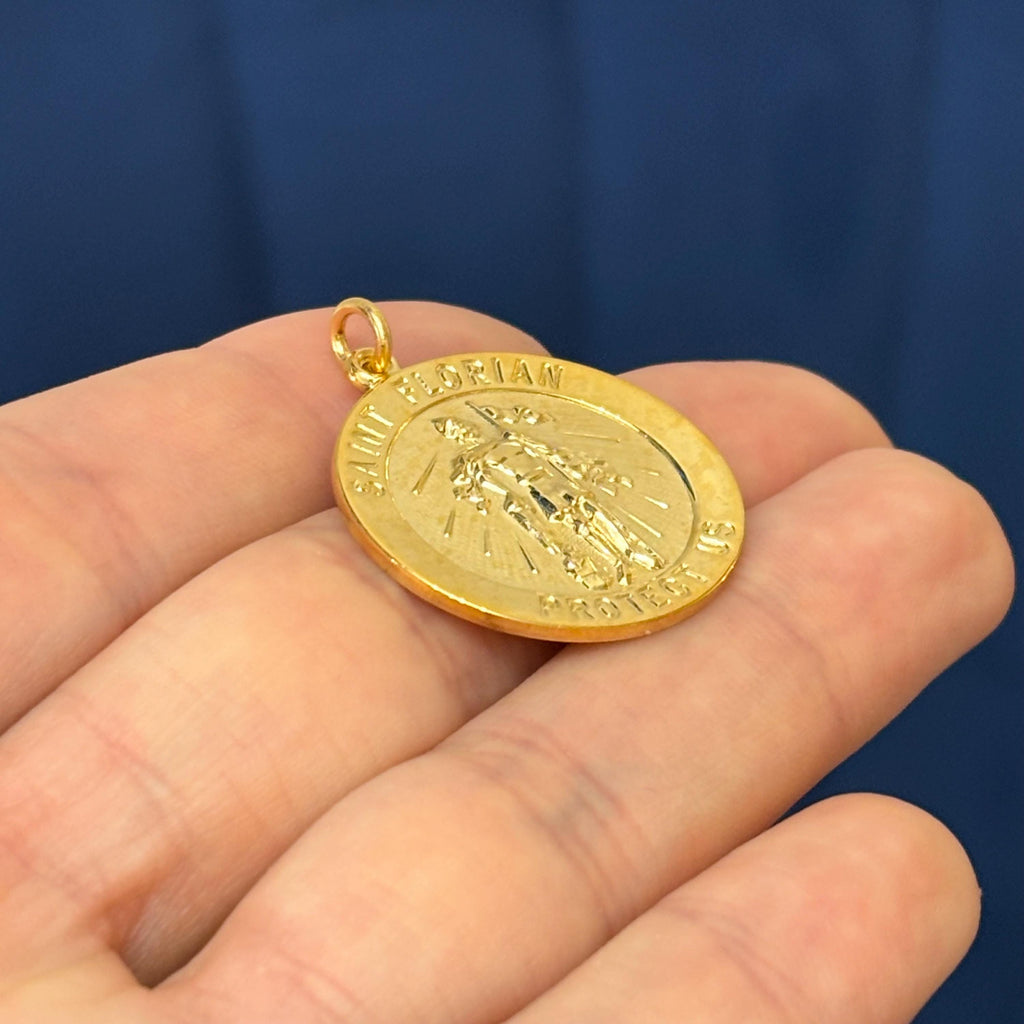 Sterling Silver 24k Gold-plated St Florian Round Medal Charm Pendant