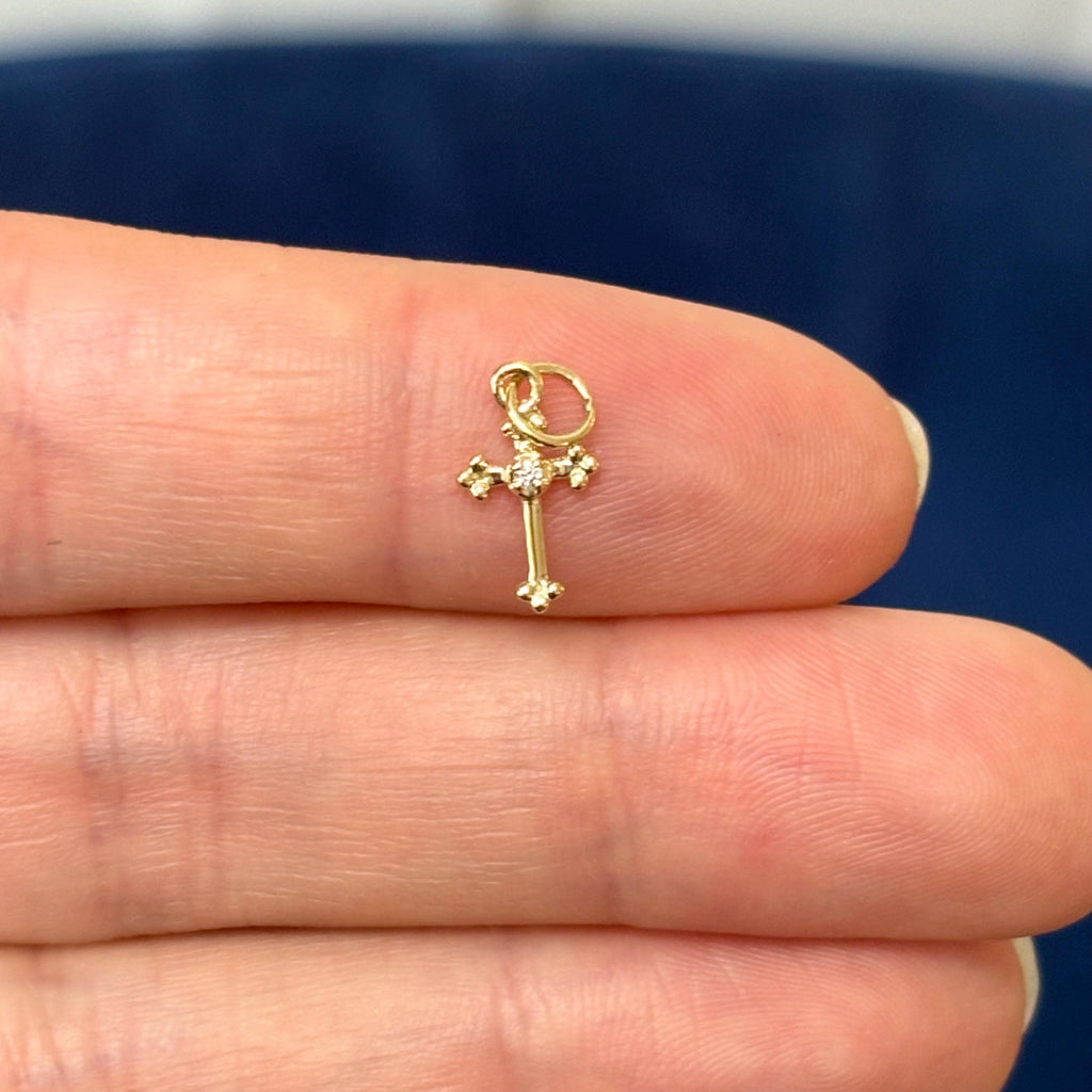 14k Gold Diamond Budded Tiny Cross Charm Pendant