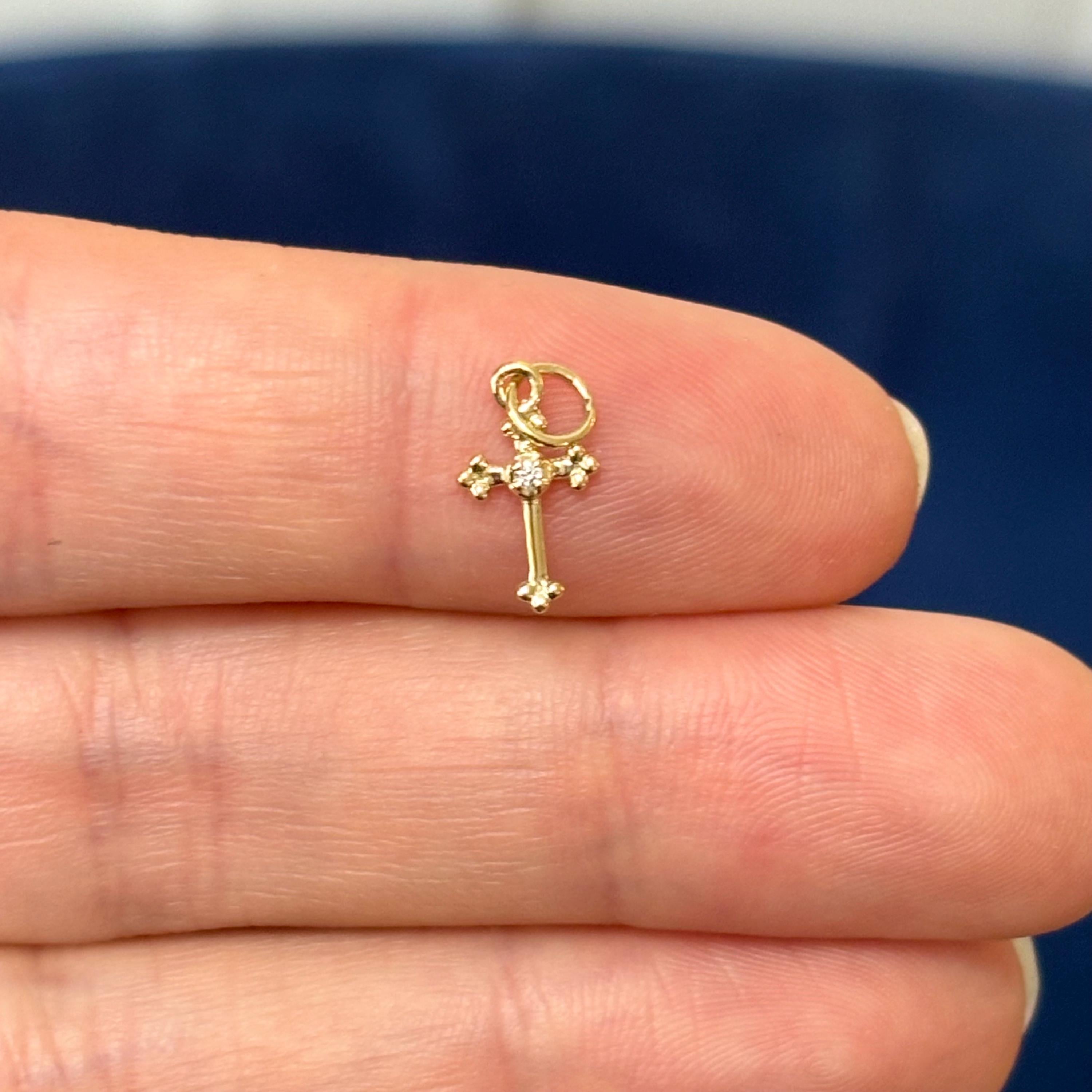 14k Gold Diamond Budded Tiny Cross Charm Pendant