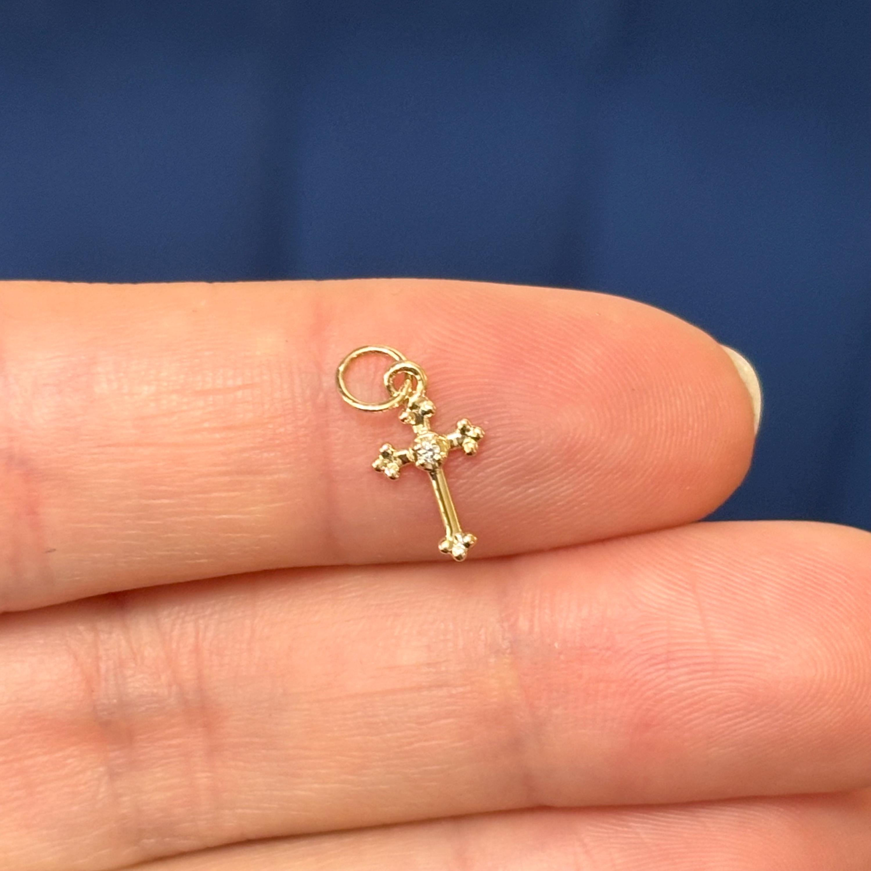 14k Gold Diamond Budded Tiny Cross Charm Pendant