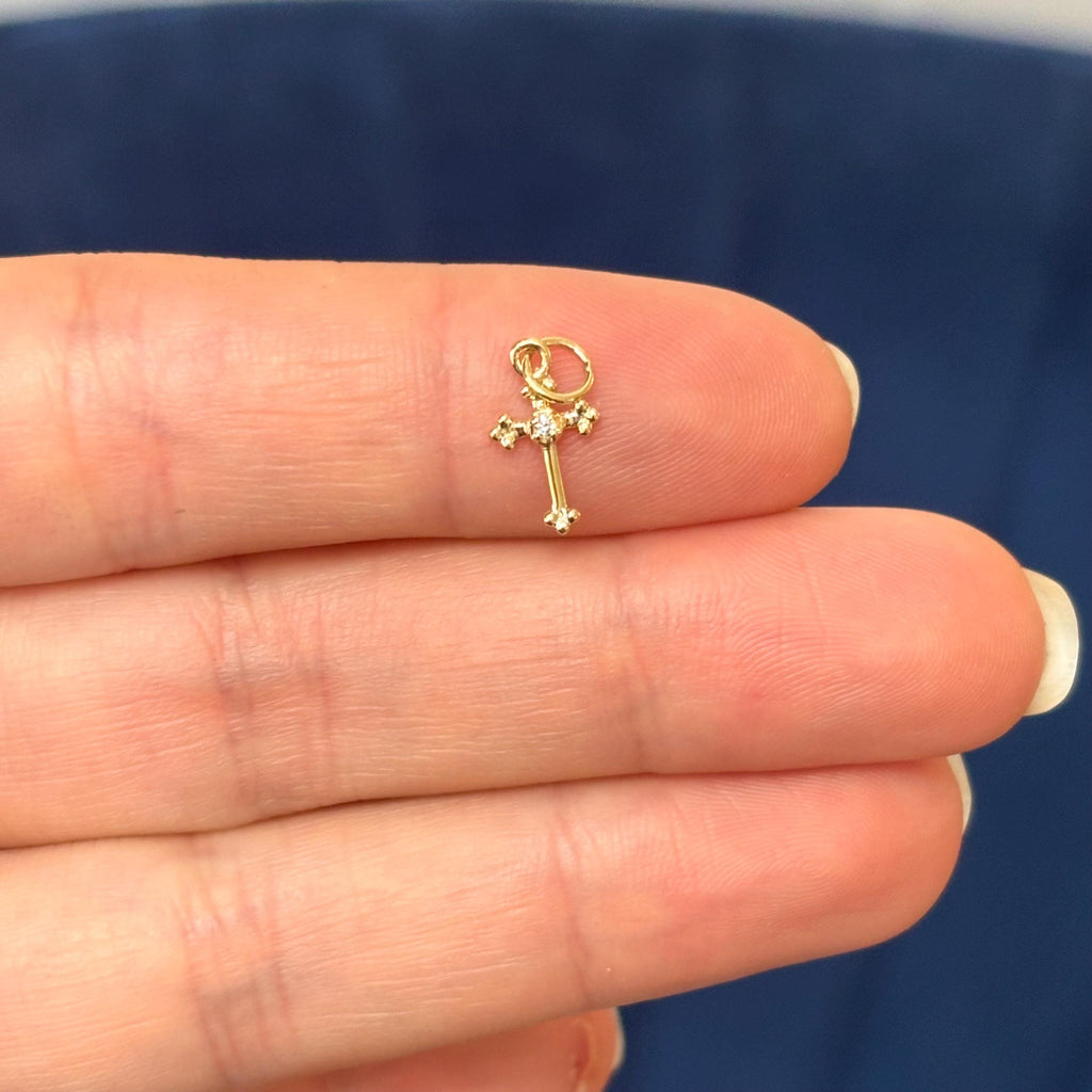 14k Gold Diamond Budded Tiny Cross Charm Pendant