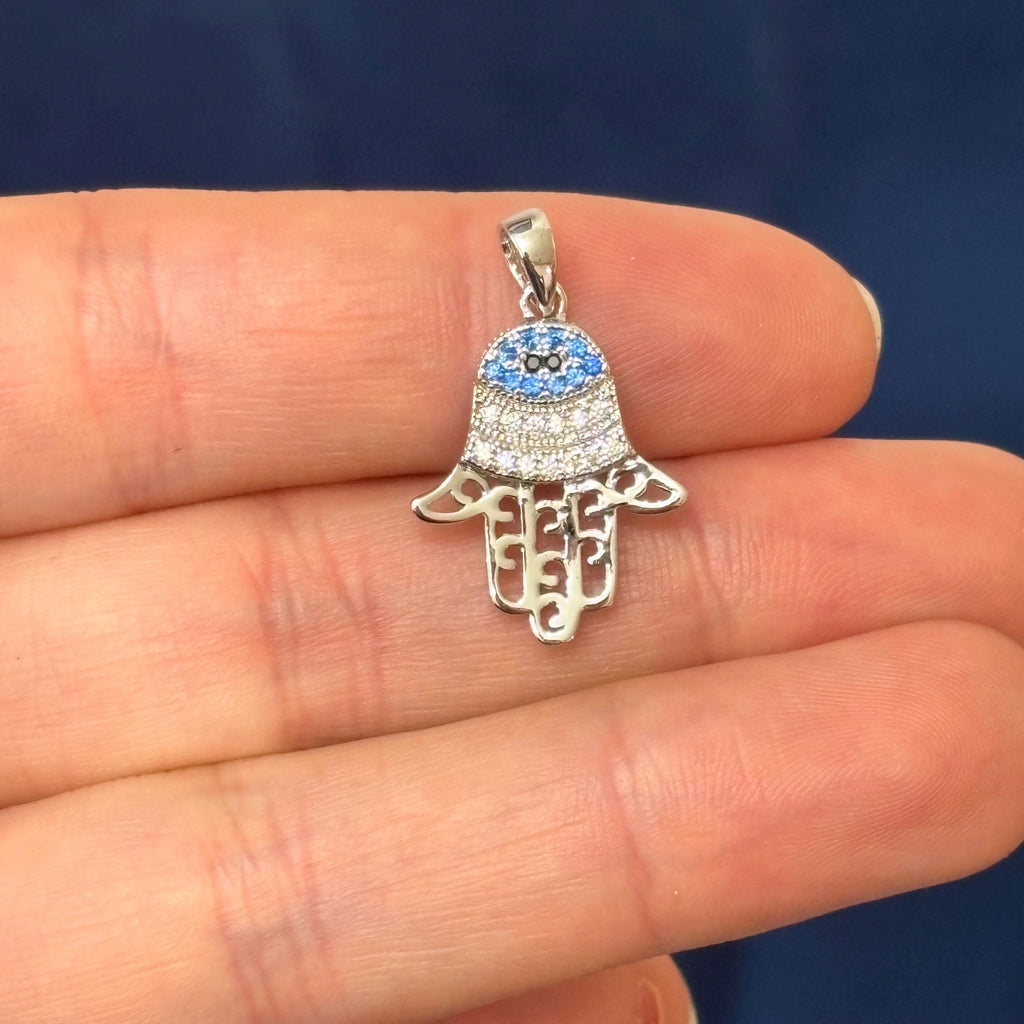 Sterling Silver Rhodium-plated Black/White CZ Syn. Sapphire Cut-Out  Hamsa Pendant