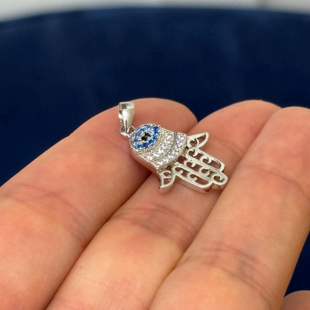 Sterling Silver Rhodium-plated Black/White CZ Syn. Sapphire Cut-Out  Hamsa Pendant
