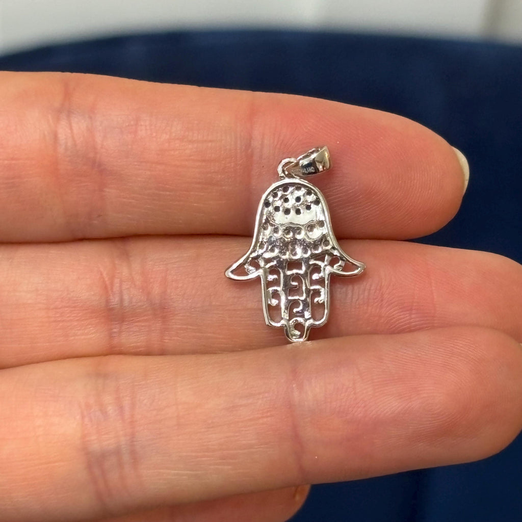 Sterling Silver Rhodium-plated Black/White CZ Syn. Sapphire Cut-Out  Hamsa Pendant