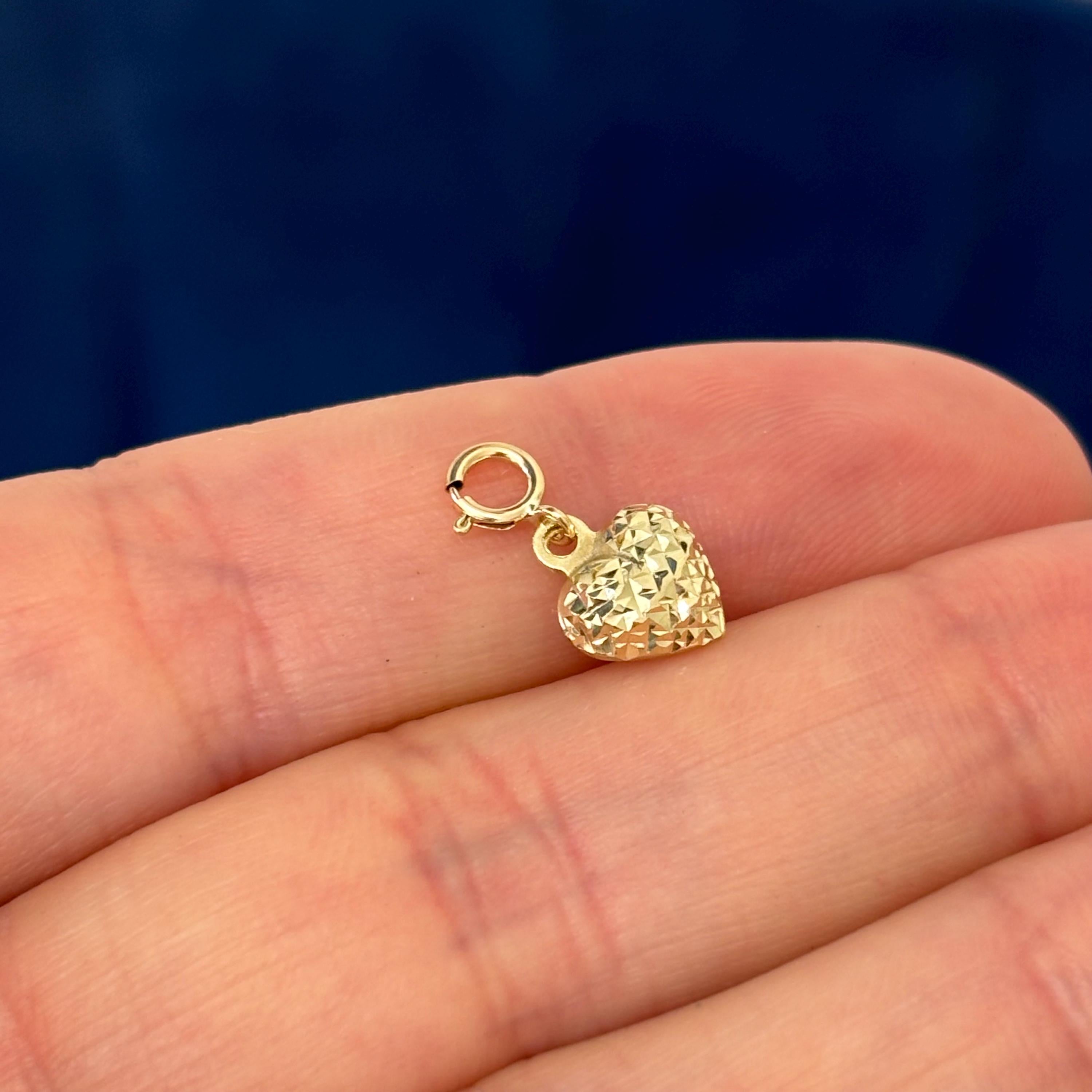 14K Gold Diamond-cut Heart Charm Pendant with Spring Ring Clasp