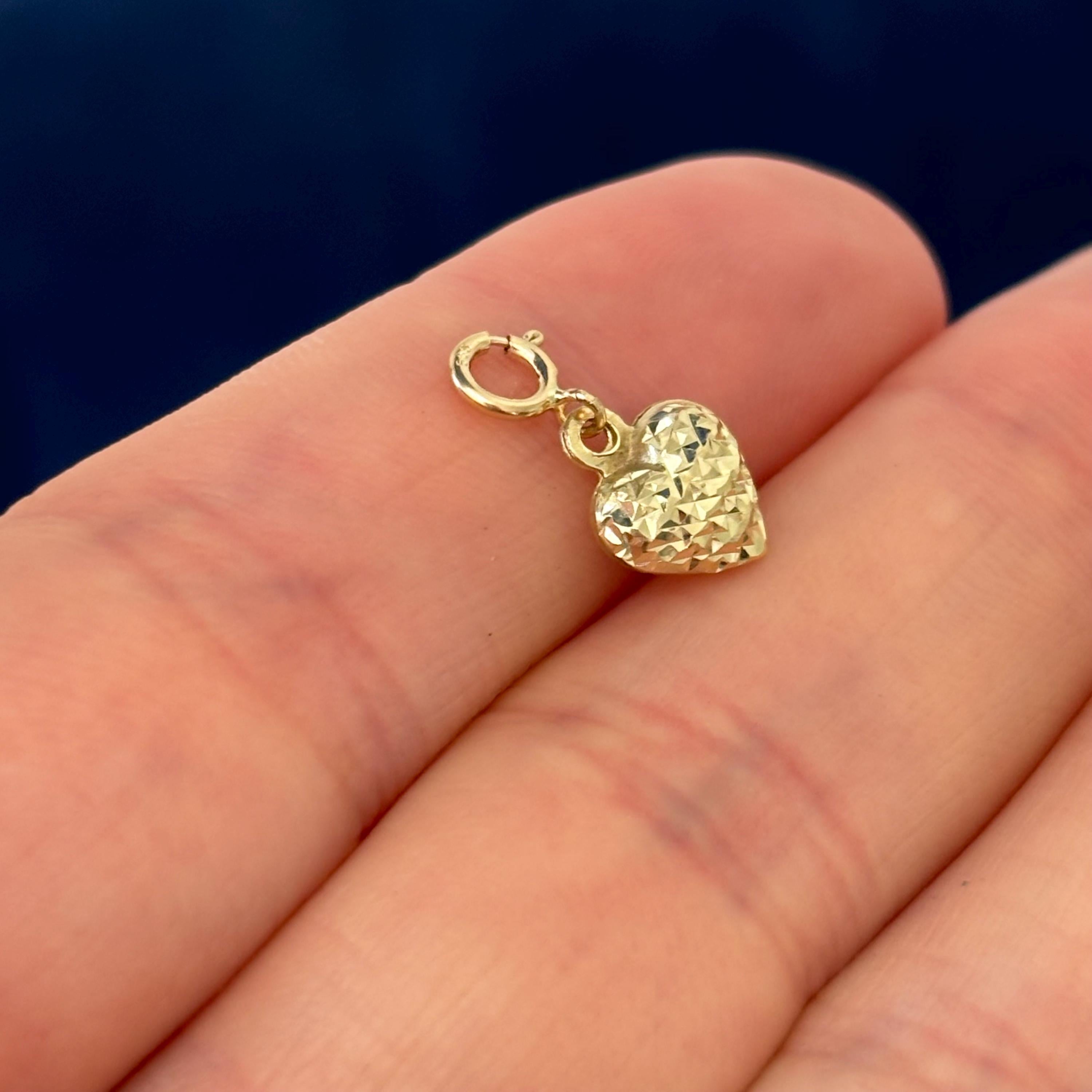 14K Gold Diamond-cut Heart Charm Pendant with Spring Ring Clasp