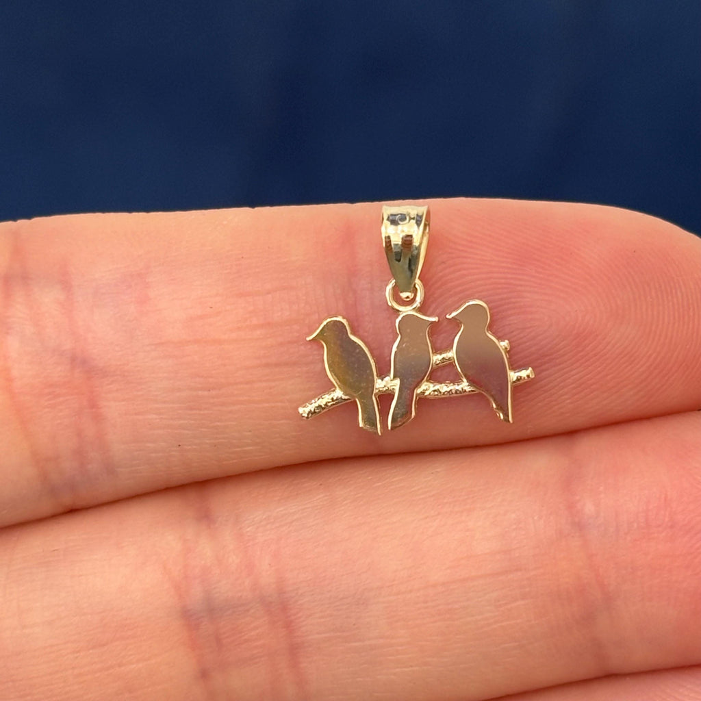 14K Yellow Gold Three Birds on a Branch Charm Pendant