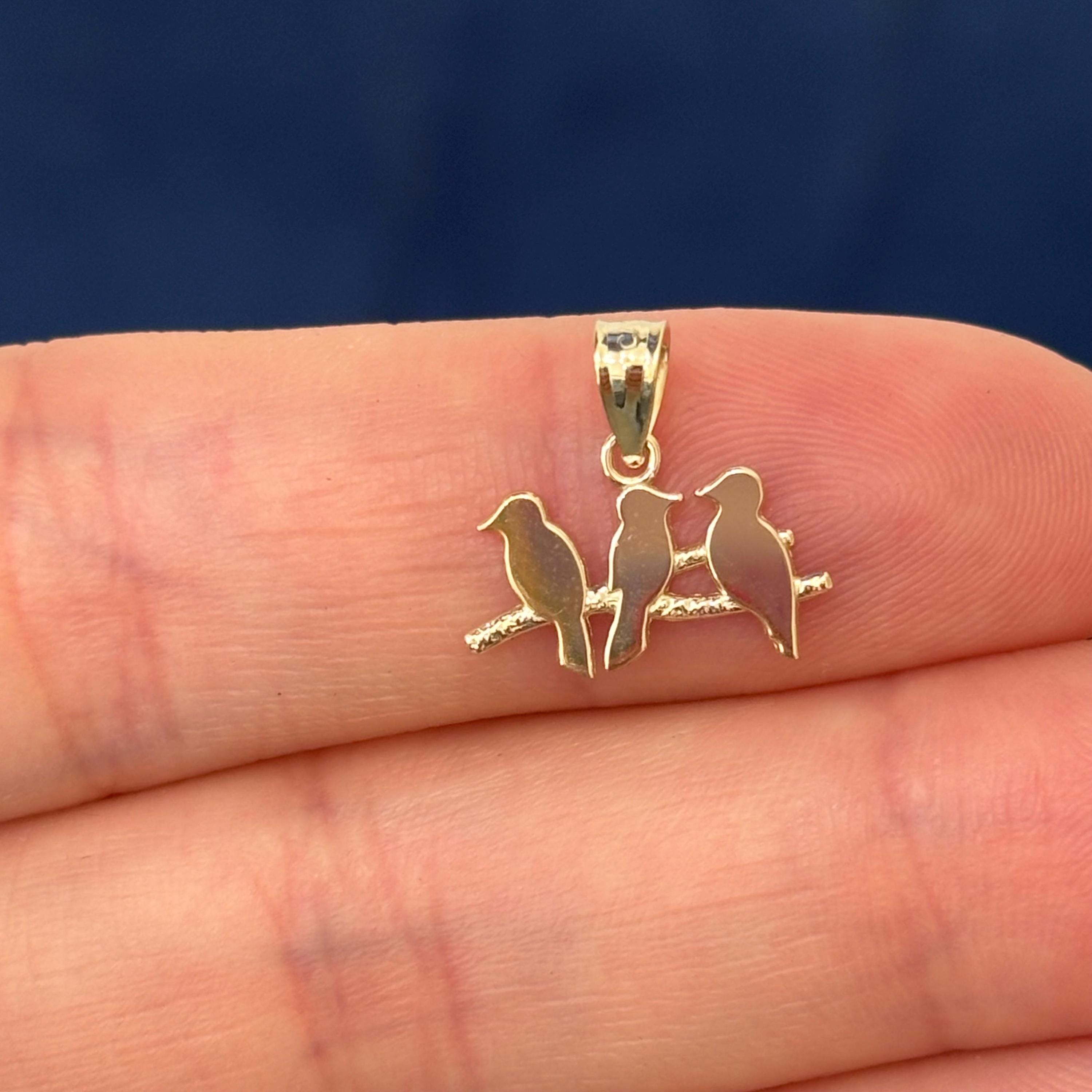 14K Yellow Gold Three Birds on a Branch Charm Pendant