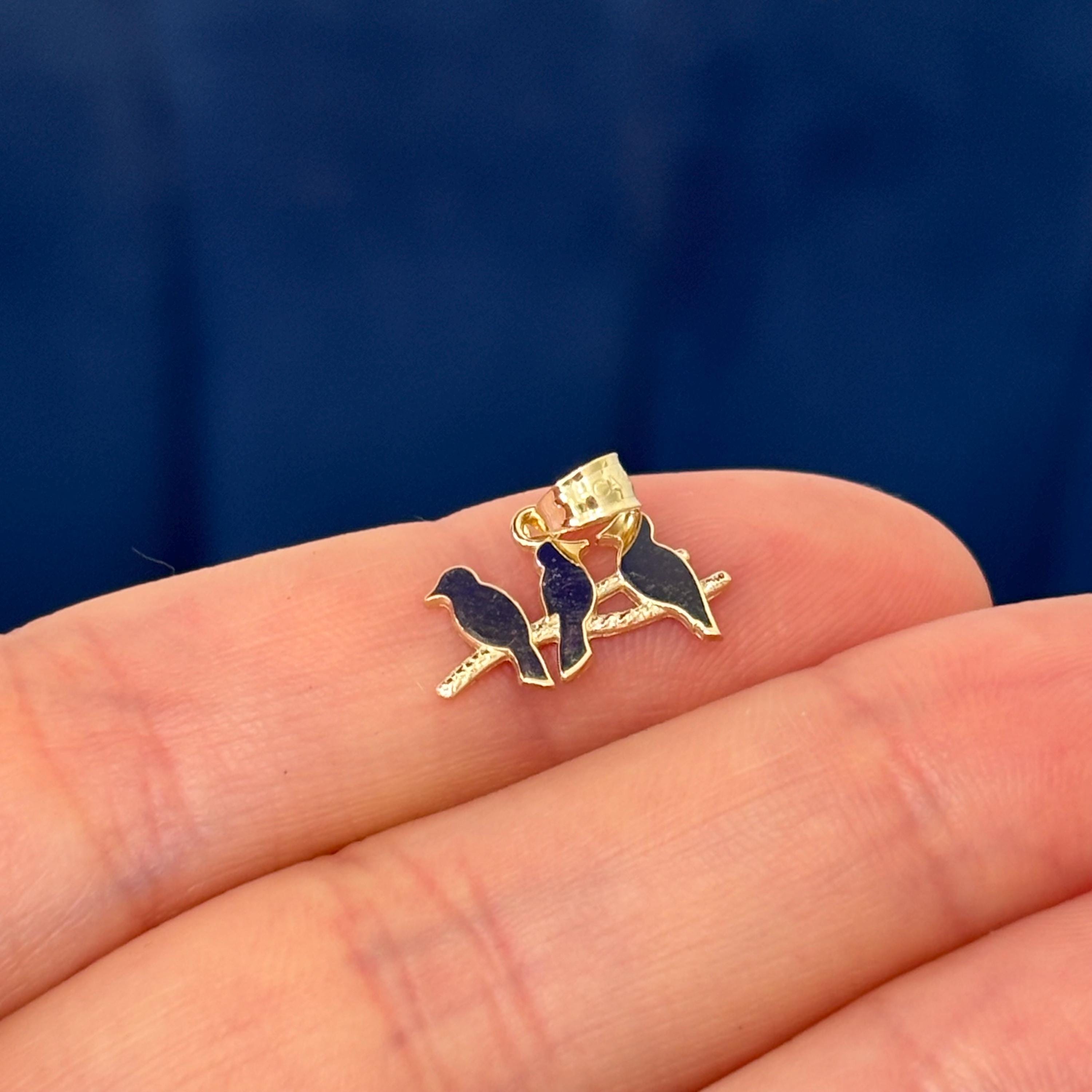 14K Yellow Gold Three Birds on a Branch Charm Pendant