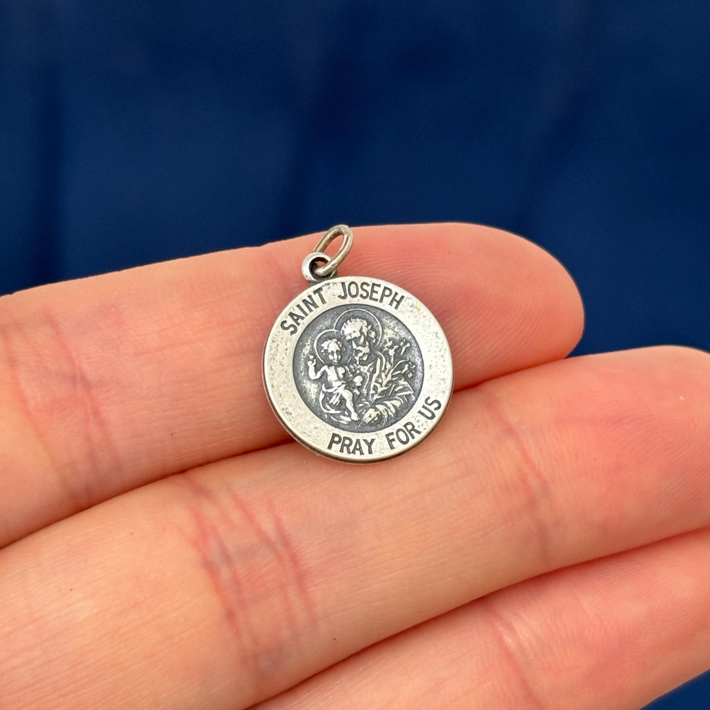 Sterling Silver Antiqued St Joseph Medal Round Medal Pendant