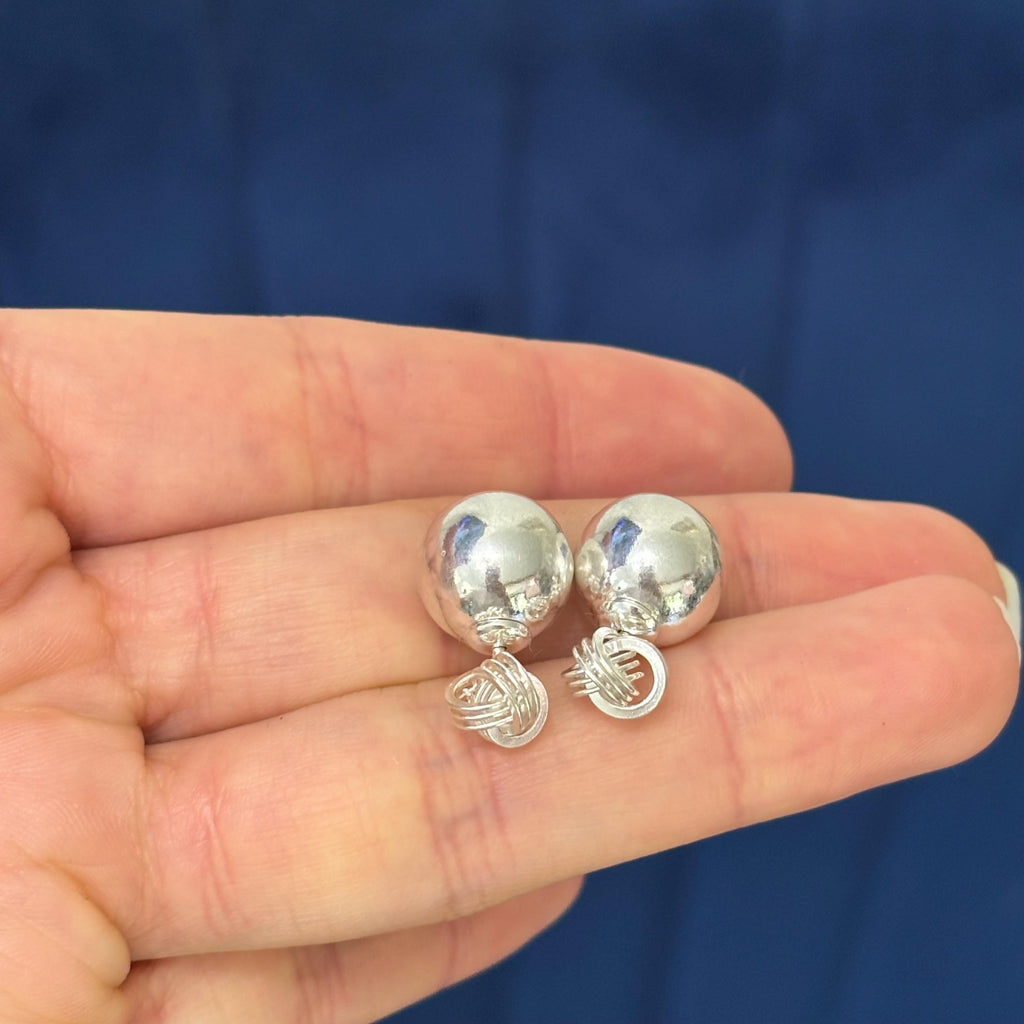 Sterling Silver Love Knot Front and Ball Back Post Earrings