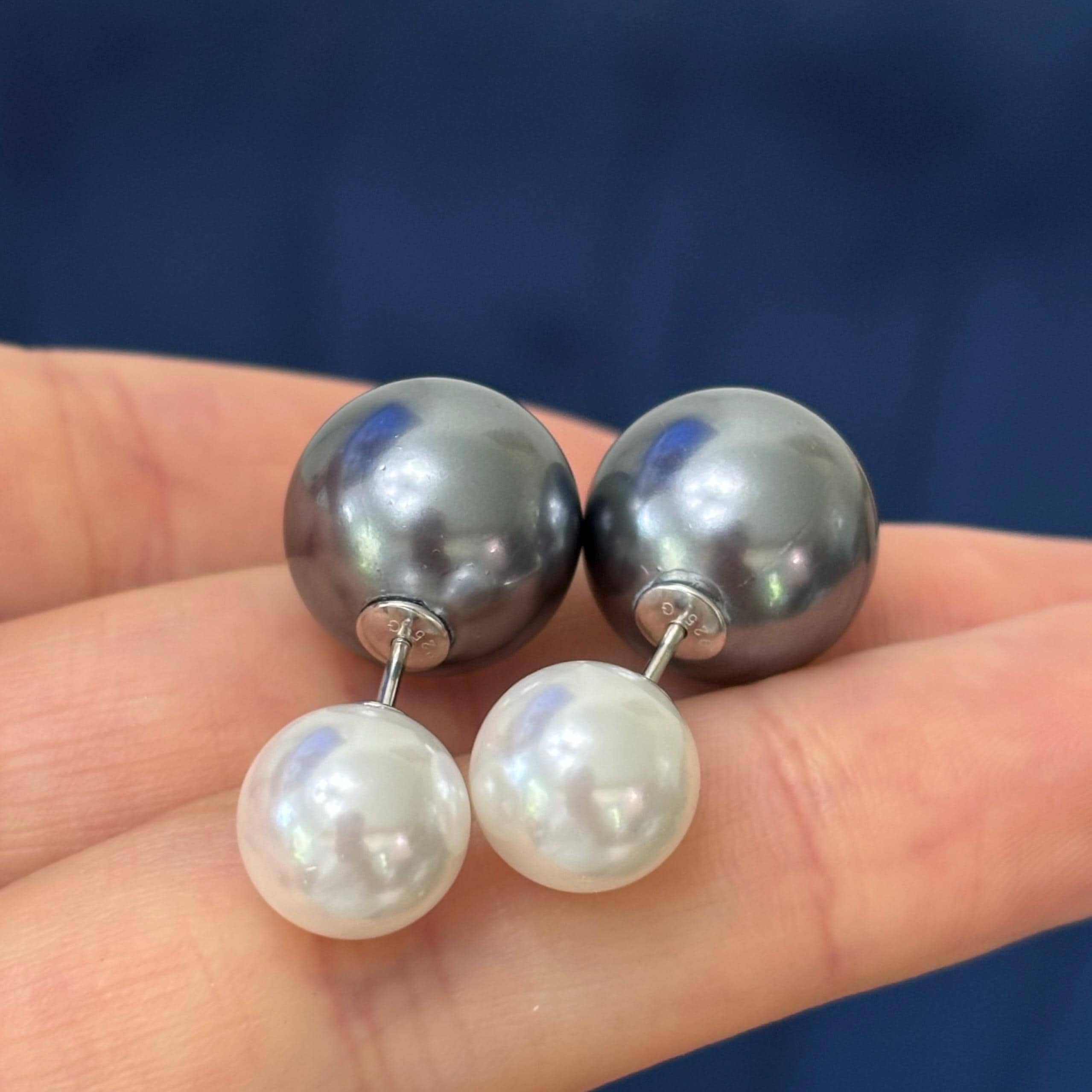 Sterling Silver Grey and White Imitation Shell Pearl Front Back Post Earrings