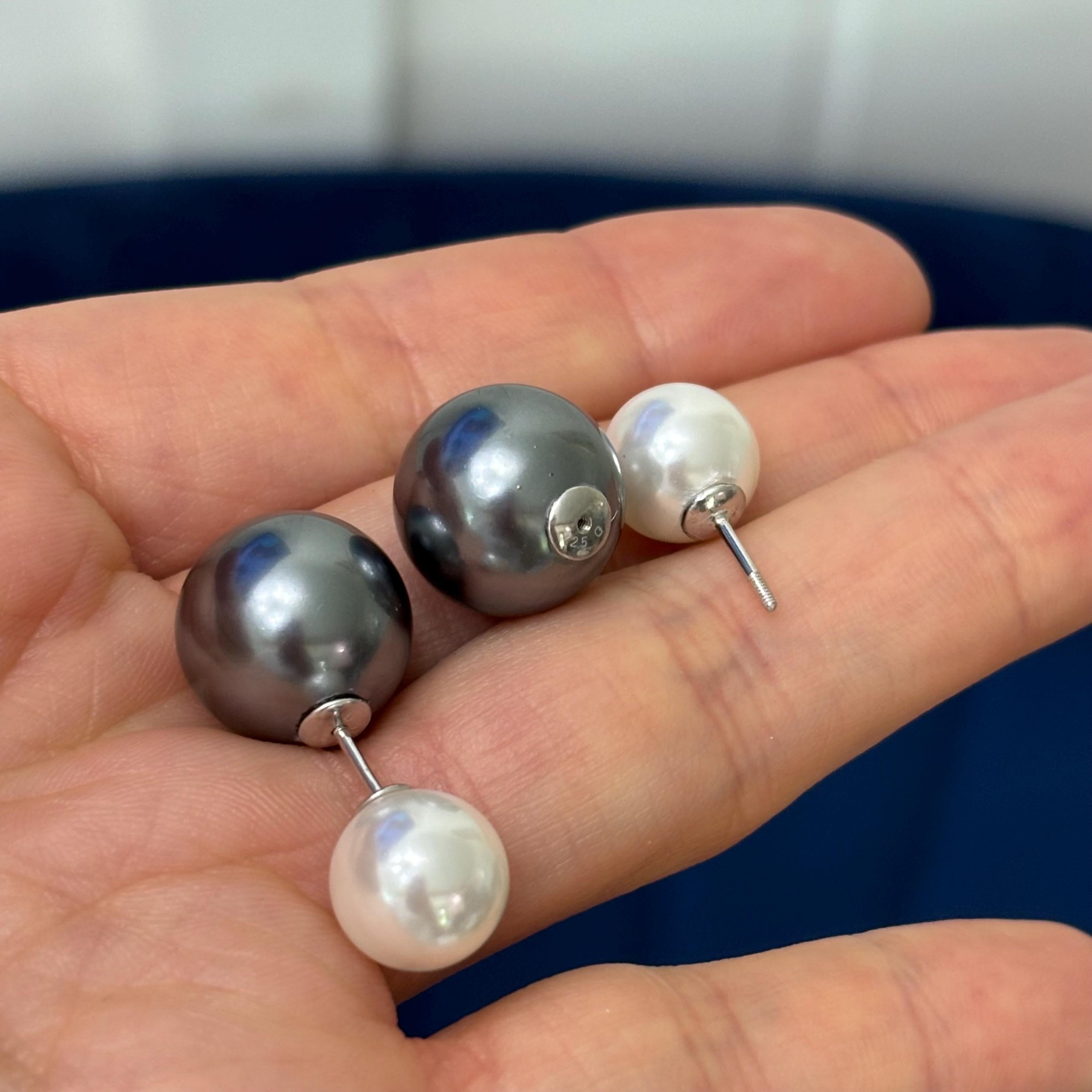Sterling Silver Grey and White Imitation Shell Pearl Front Back Post Earrings