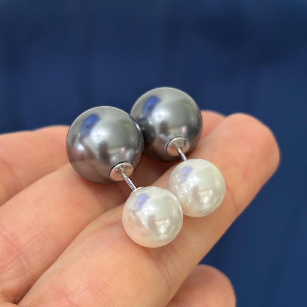 Sterling Silver Grey and White Imitation Shell Pearl Front Back Post Earrings