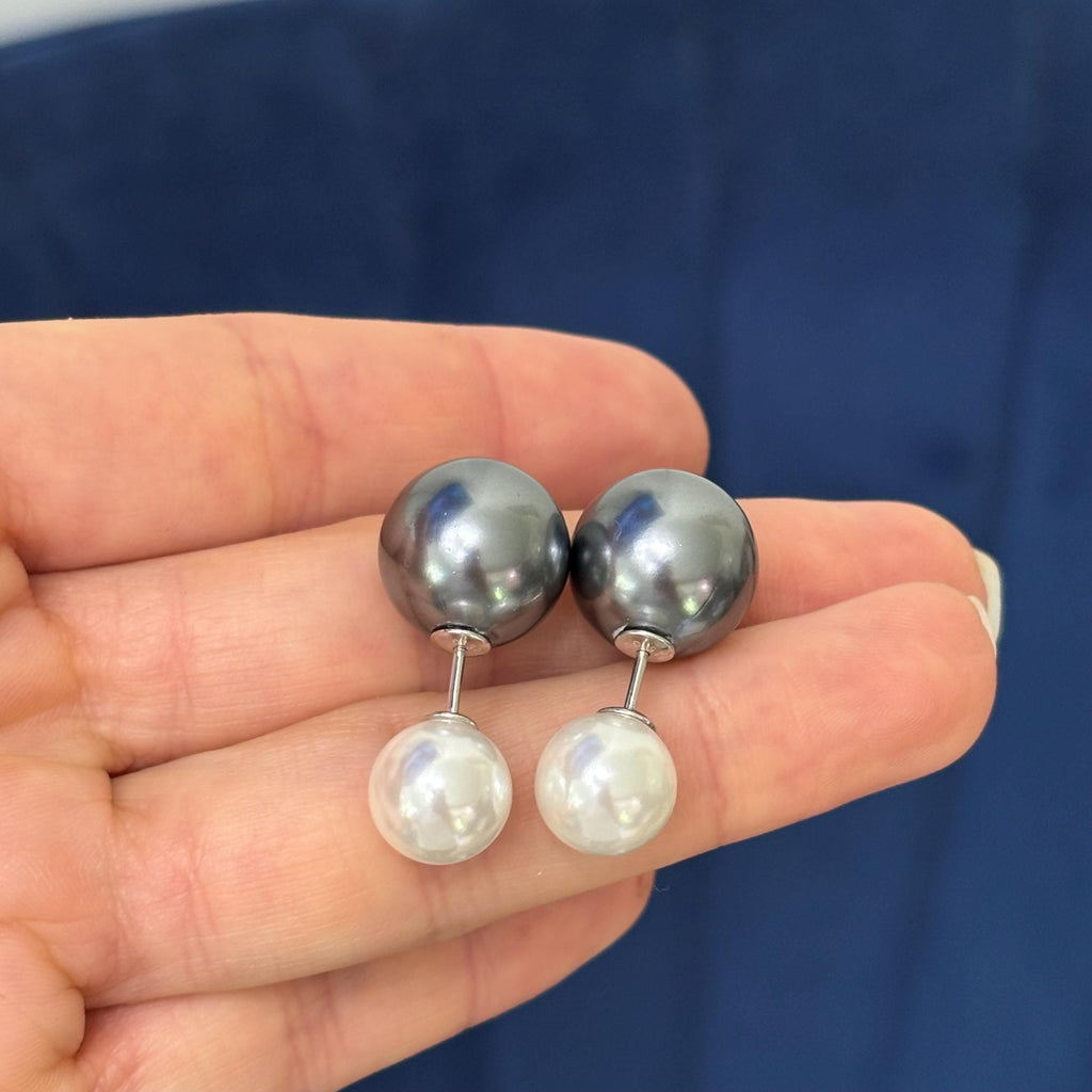 Sterling Silver Grey and White Imitation Shell Pearl Front Back Post Earrings