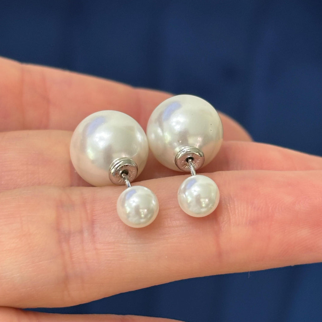 Sterling Silver White Faux Pearl Front Back Post Earrings