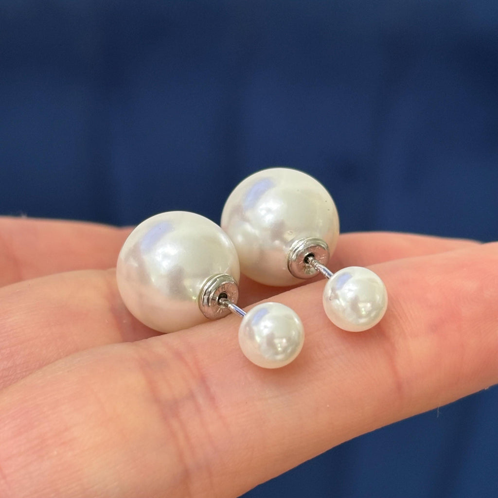 Sterling Silver White Faux Pearl Front Back Post Earrings