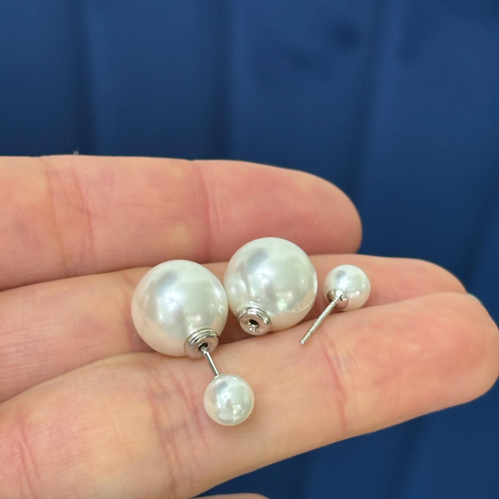 Sterling Silver White Faux Pearl Front Back Post Earrings