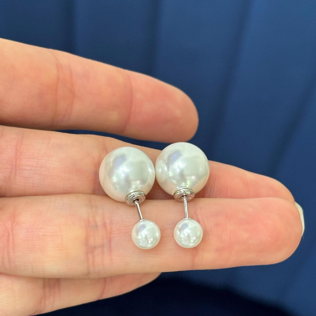 Sterling Silver White Faux Pearl Front Back Post Earrings