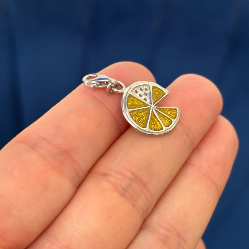 Sterling Silver Yellow Enameled Lemon Slice Charm Pendant with Fancy Lobster Clasp