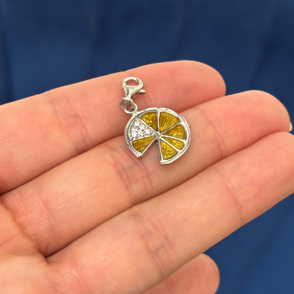 Sterling Silver Yellow Enameled Lemon Slice Charm Pendant with Fancy Lobster Clasp