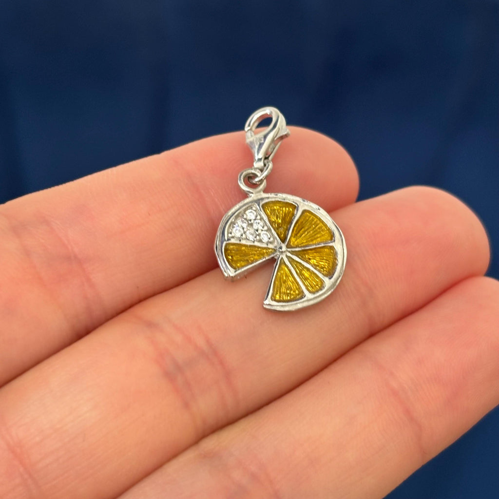 Sterling Silver Yellow Enameled Lemon Slice Charm Pendant with Fancy Lobster Clasp